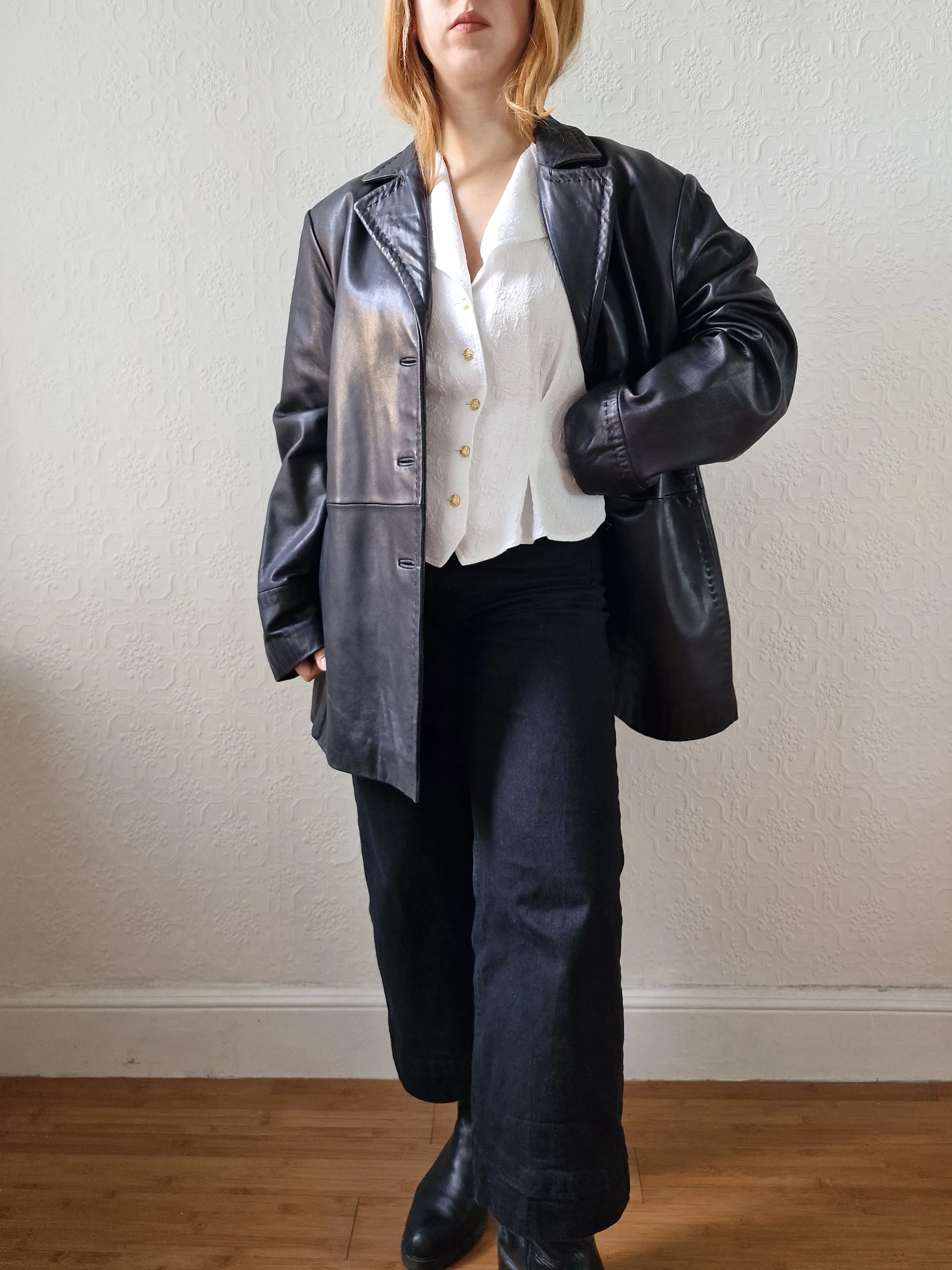Vintage Black 100% Genuine Leather Blazer Style Jacket - L/XL - Image 2