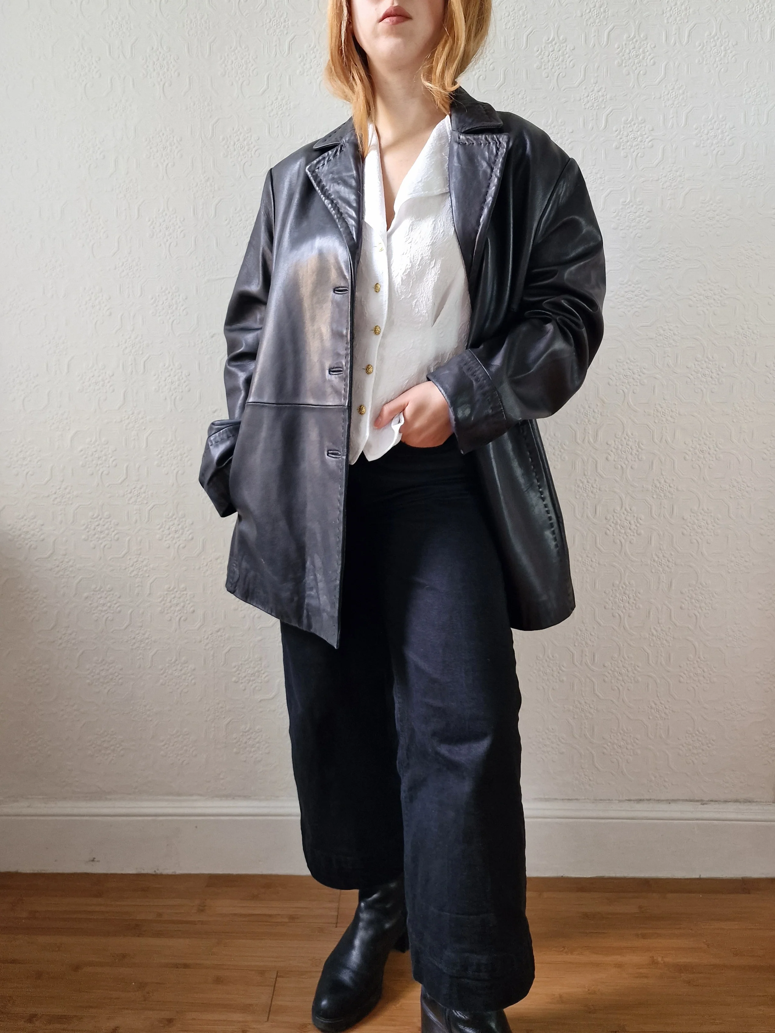 Vintage Black 100% Genuine Leather Blazer Style Jacket - L/XL - Image 3