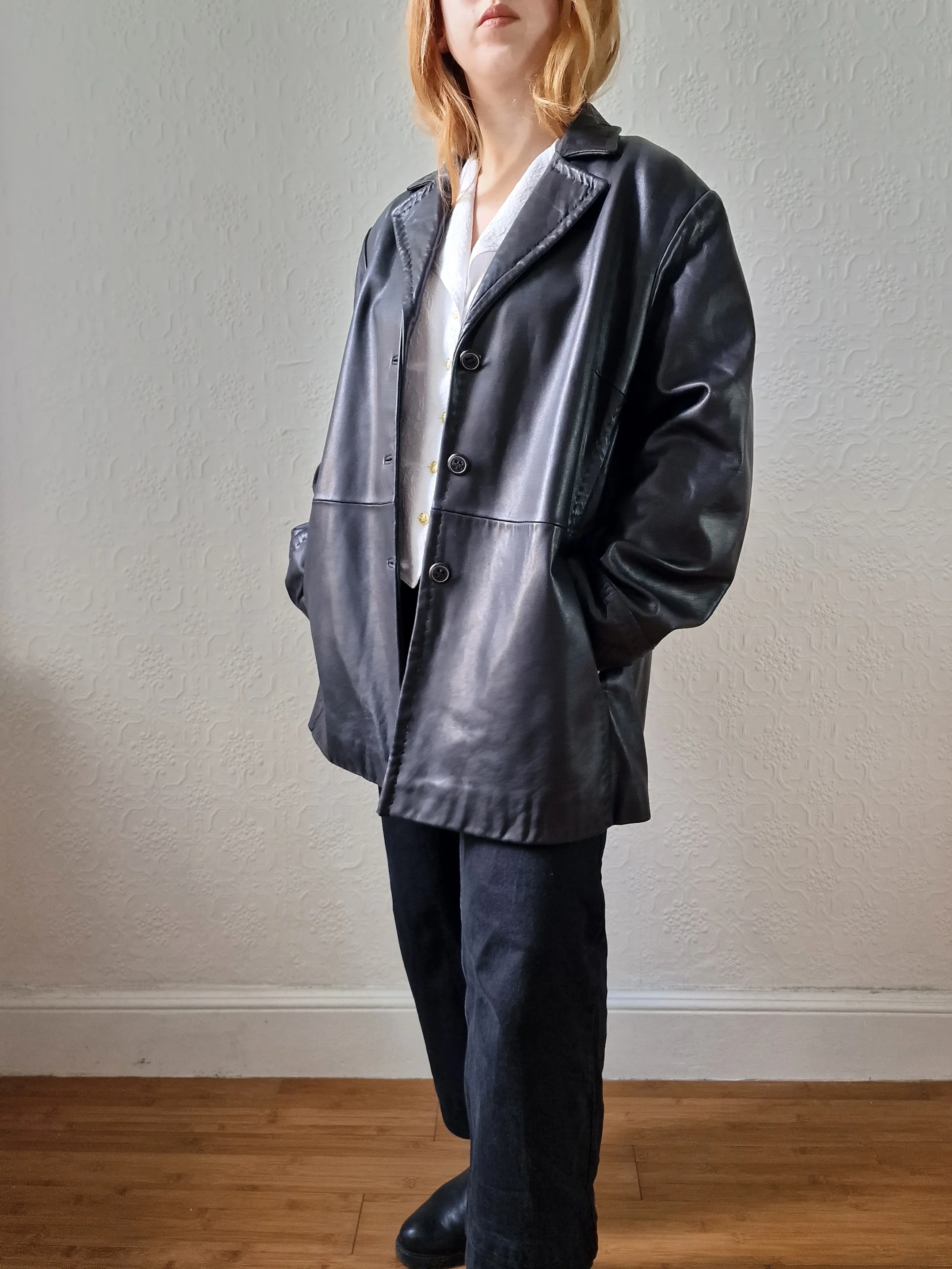 Vintage Black 100% Genuine Leather Blazer Style Jacket - L/XL - Image 5