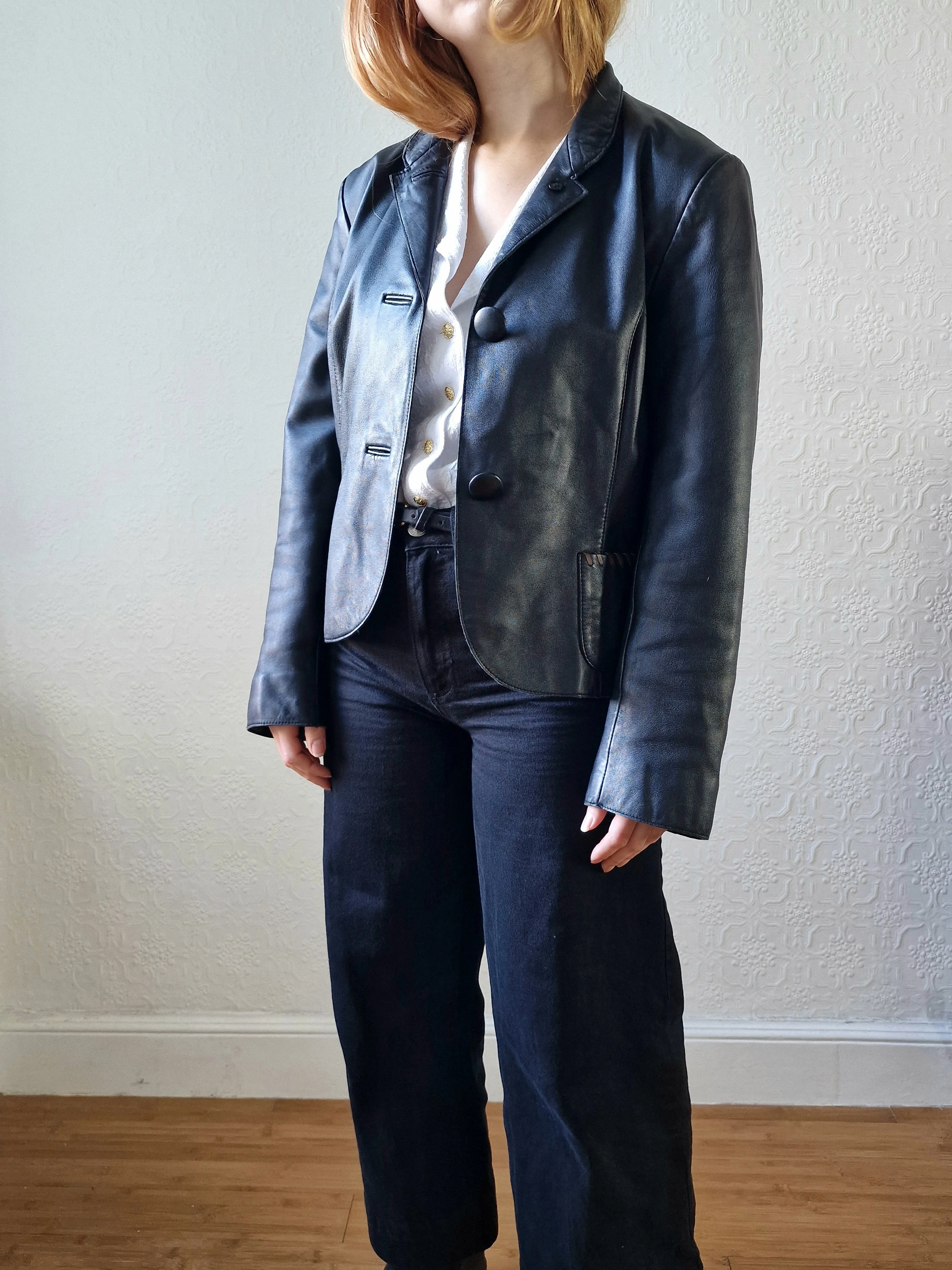 Vintage 90s Black 100% Genuine Leather Blazer Style Jacket - S - Image 4