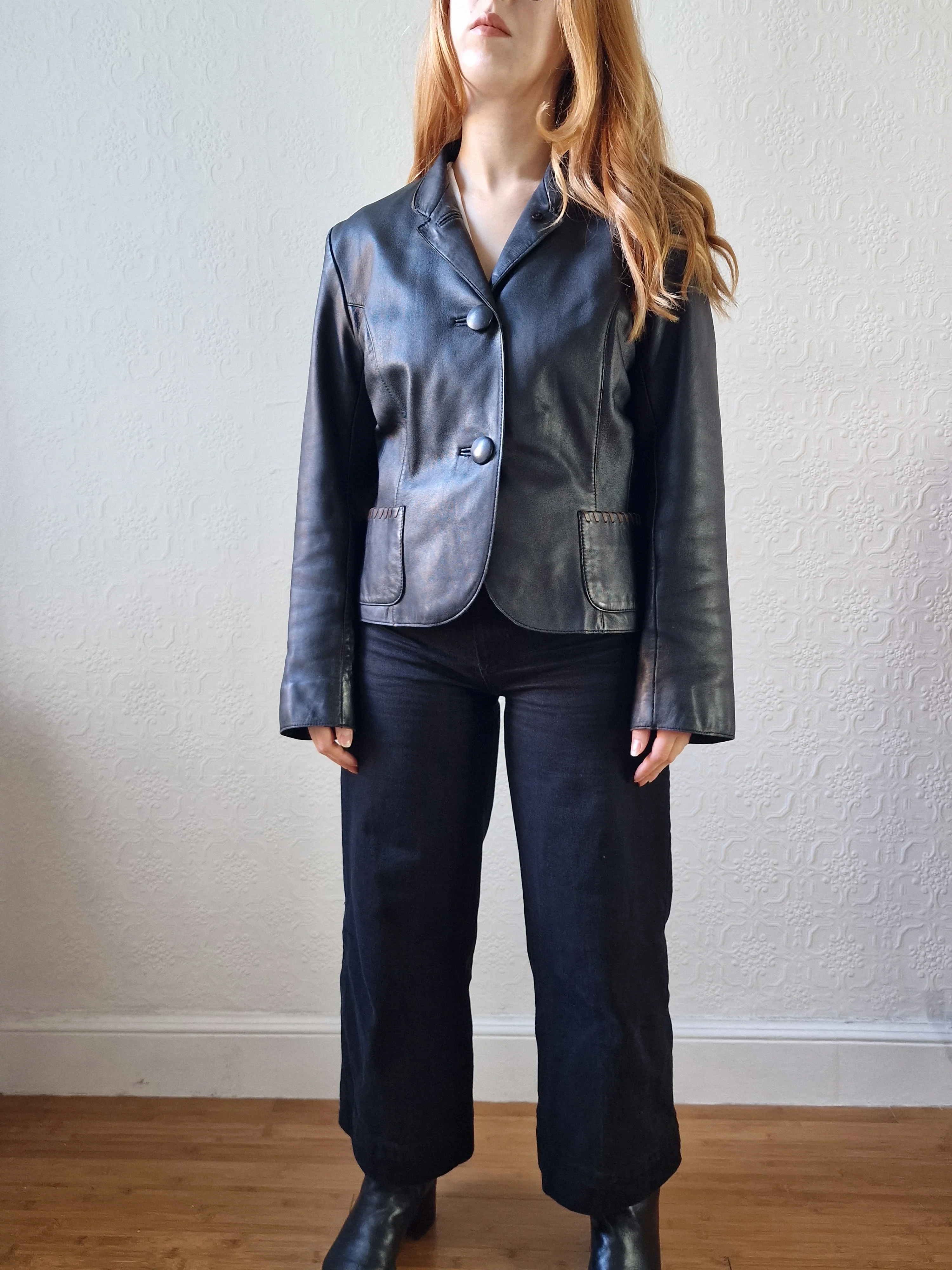 Vintage 90s Black 100% Genuine Leather Blazer Style Jacket - S - Image 7