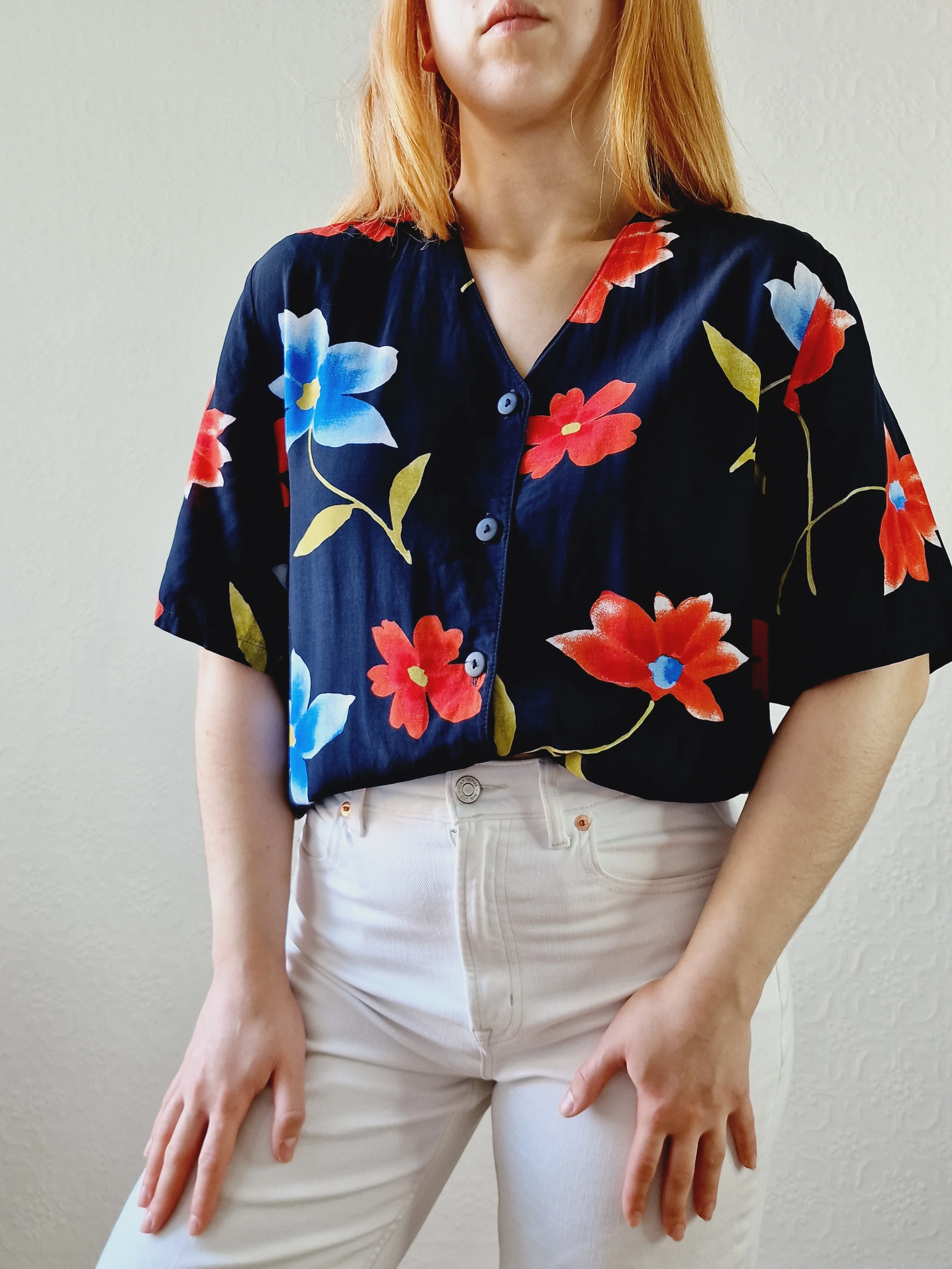 Vintage 90s Black Floral Pattern Half Sleeve Blouse - M