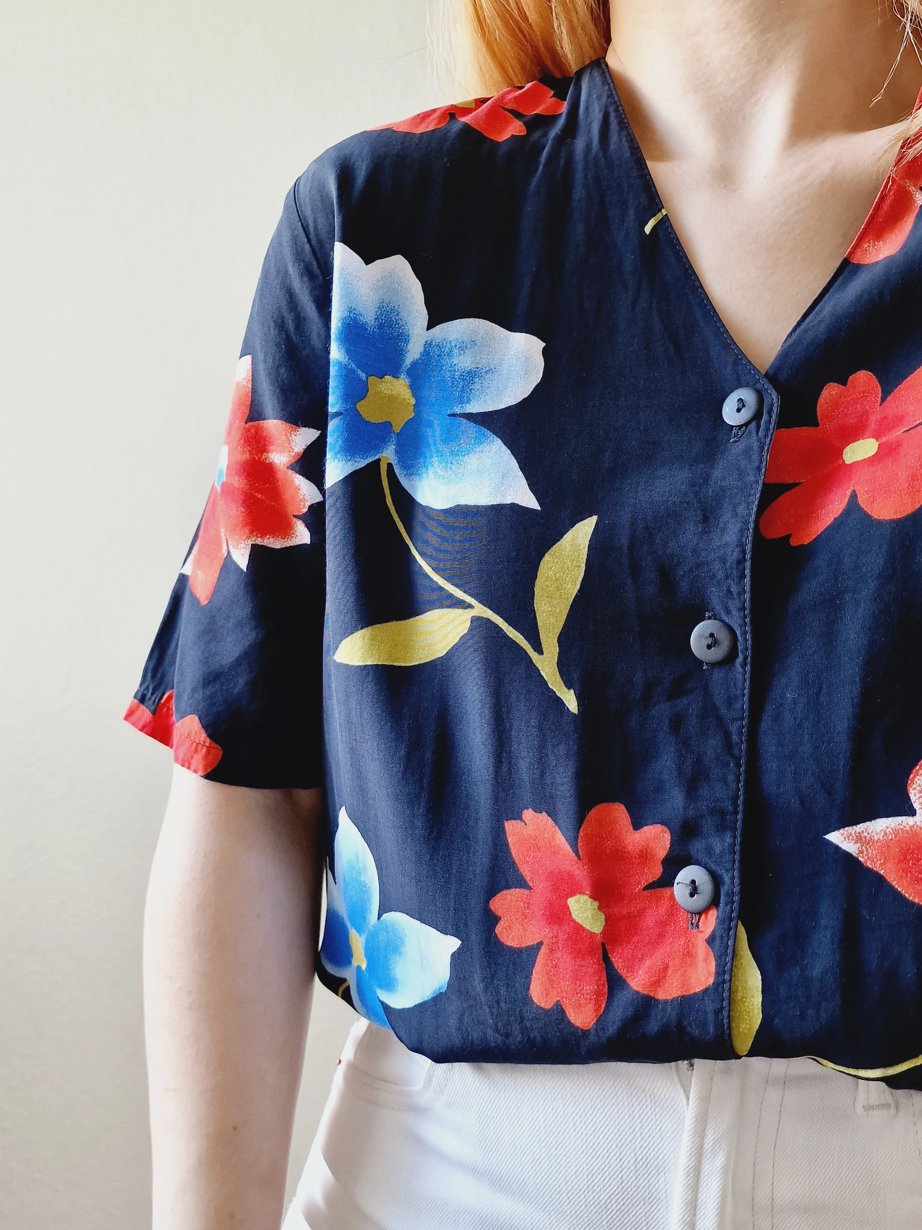 Vintage 90s Black Floral Pattern Half Sleeve Blouse - M - Image 2