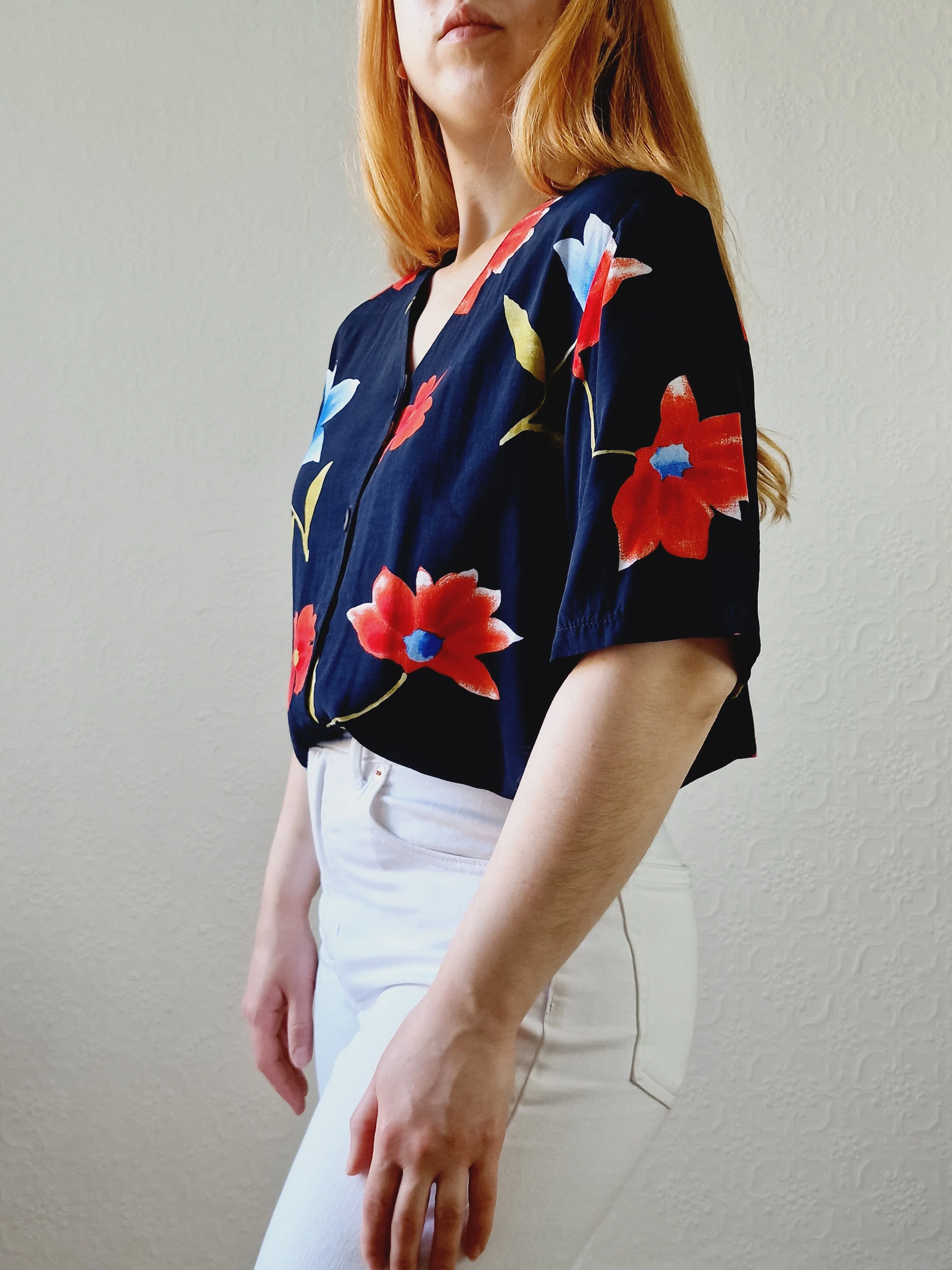 Vintage 90s Black Floral Pattern Half Sleeve Blouse - M - Image 3