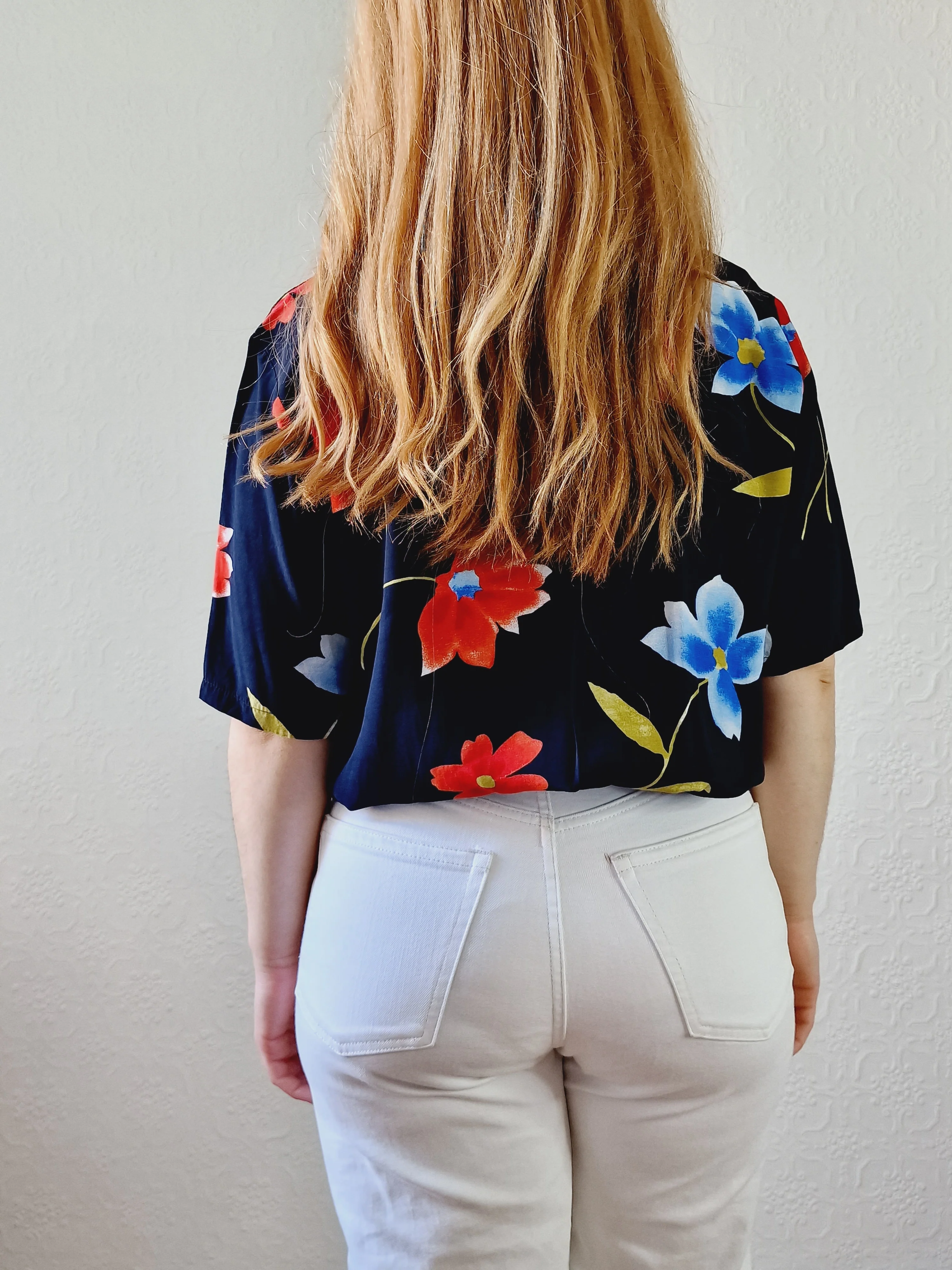 Vintage 90s Black Floral Pattern Half Sleeve Blouse - M - Image 4