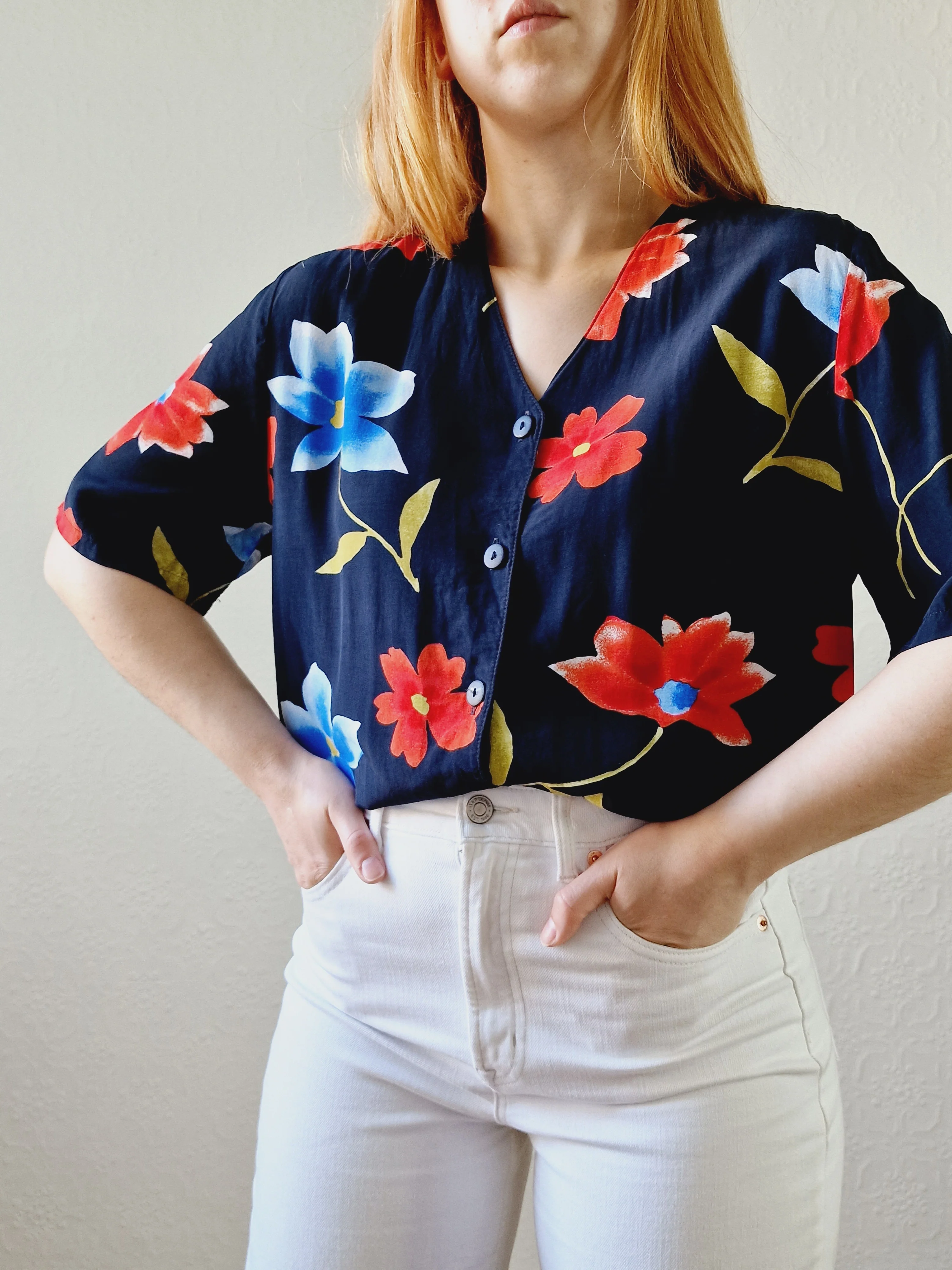 Vintage 90s Black Floral Pattern Half Sleeve Blouse - M - Image 5