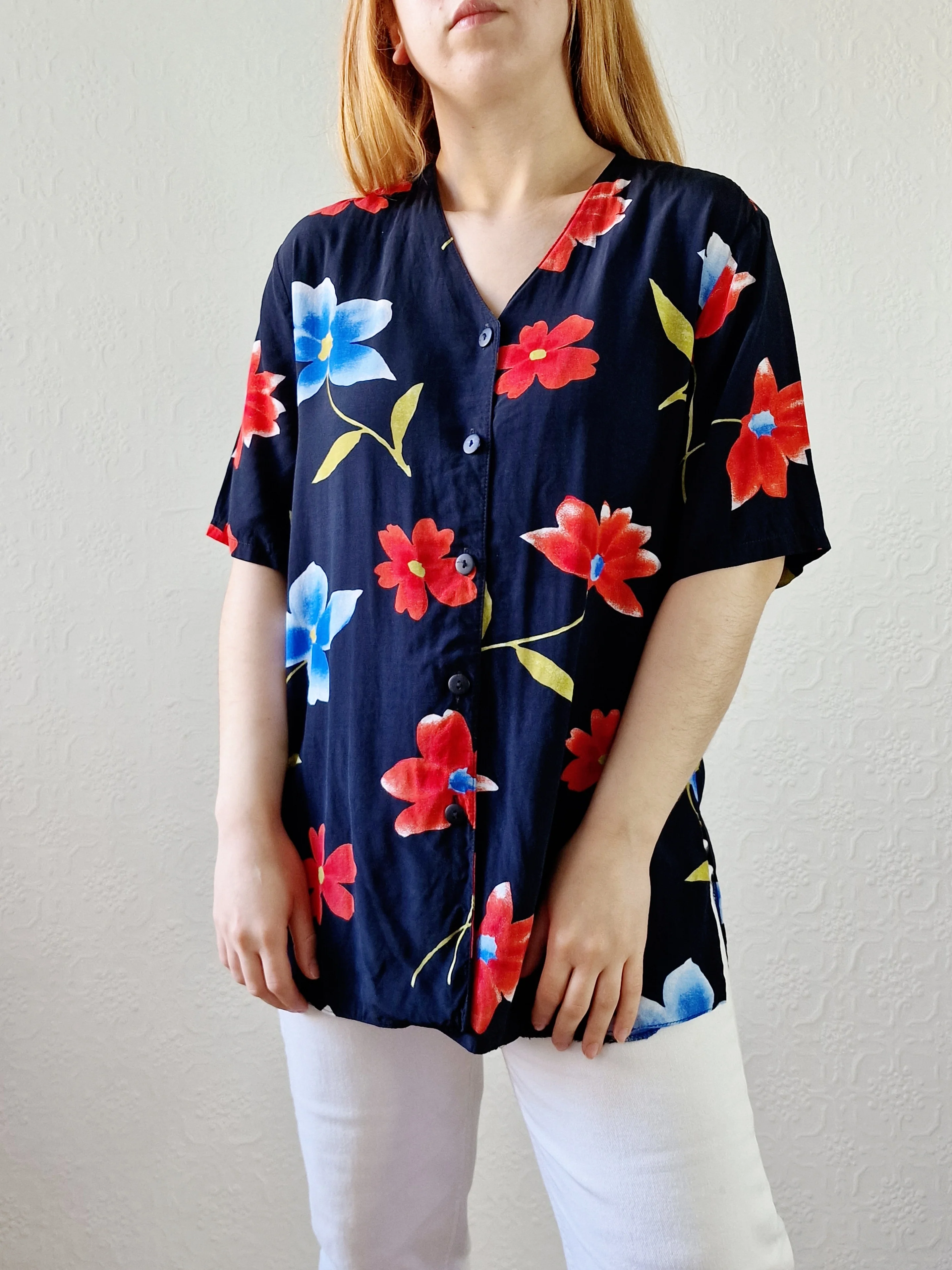 Vintage 90s Black Floral Pattern Half Sleeve Blouse - M - Image 6