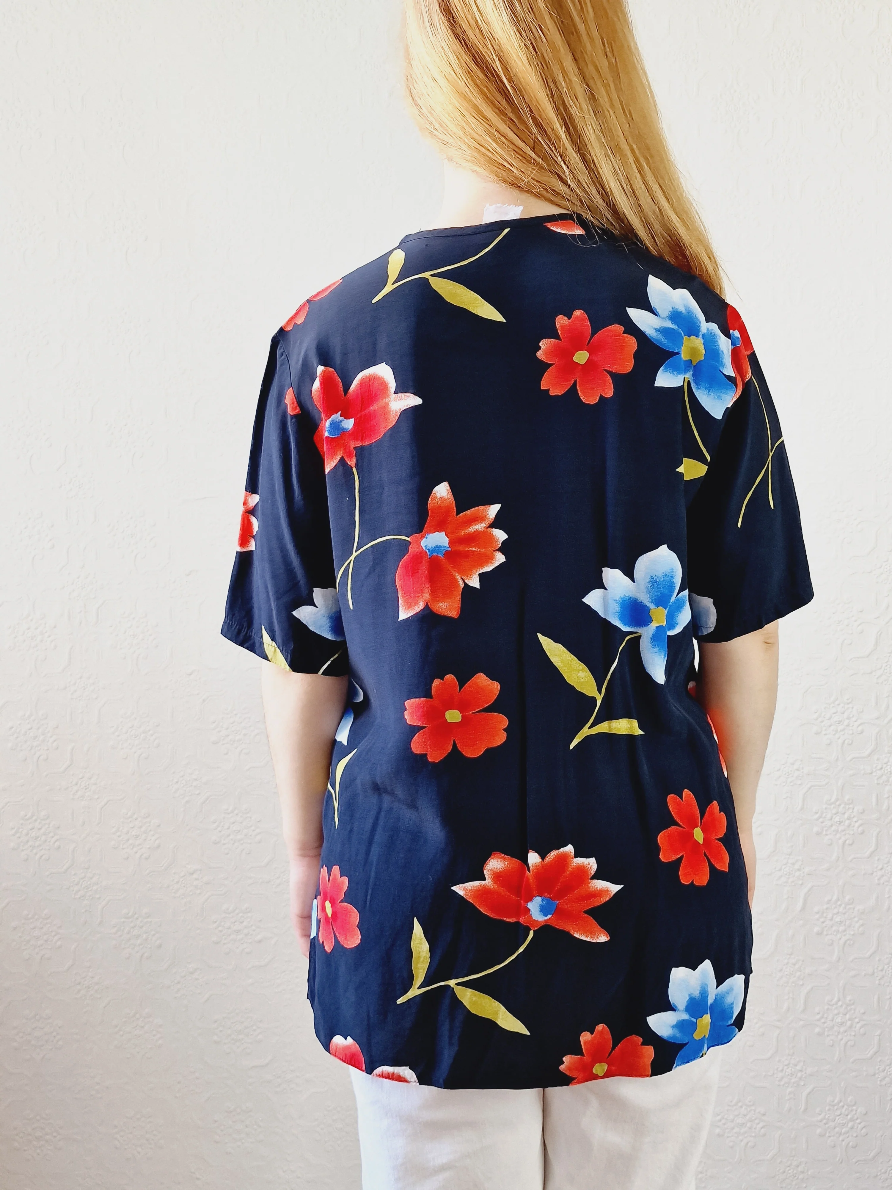 Vintage 90s Black Floral Pattern Half Sleeve Blouse - M - Image 7