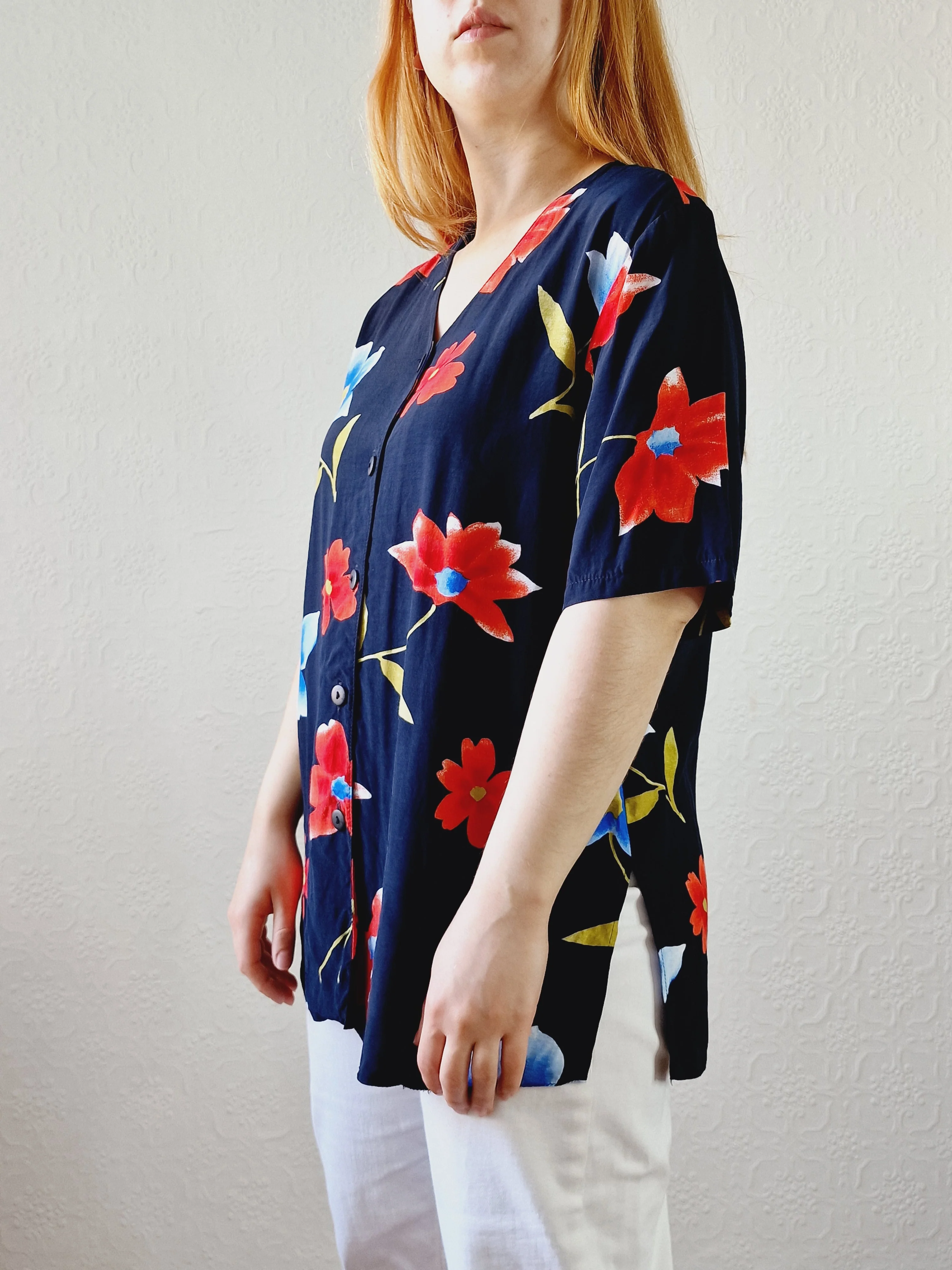 Vintage 90s Black Floral Pattern Half Sleeve Blouse - M - Image 8