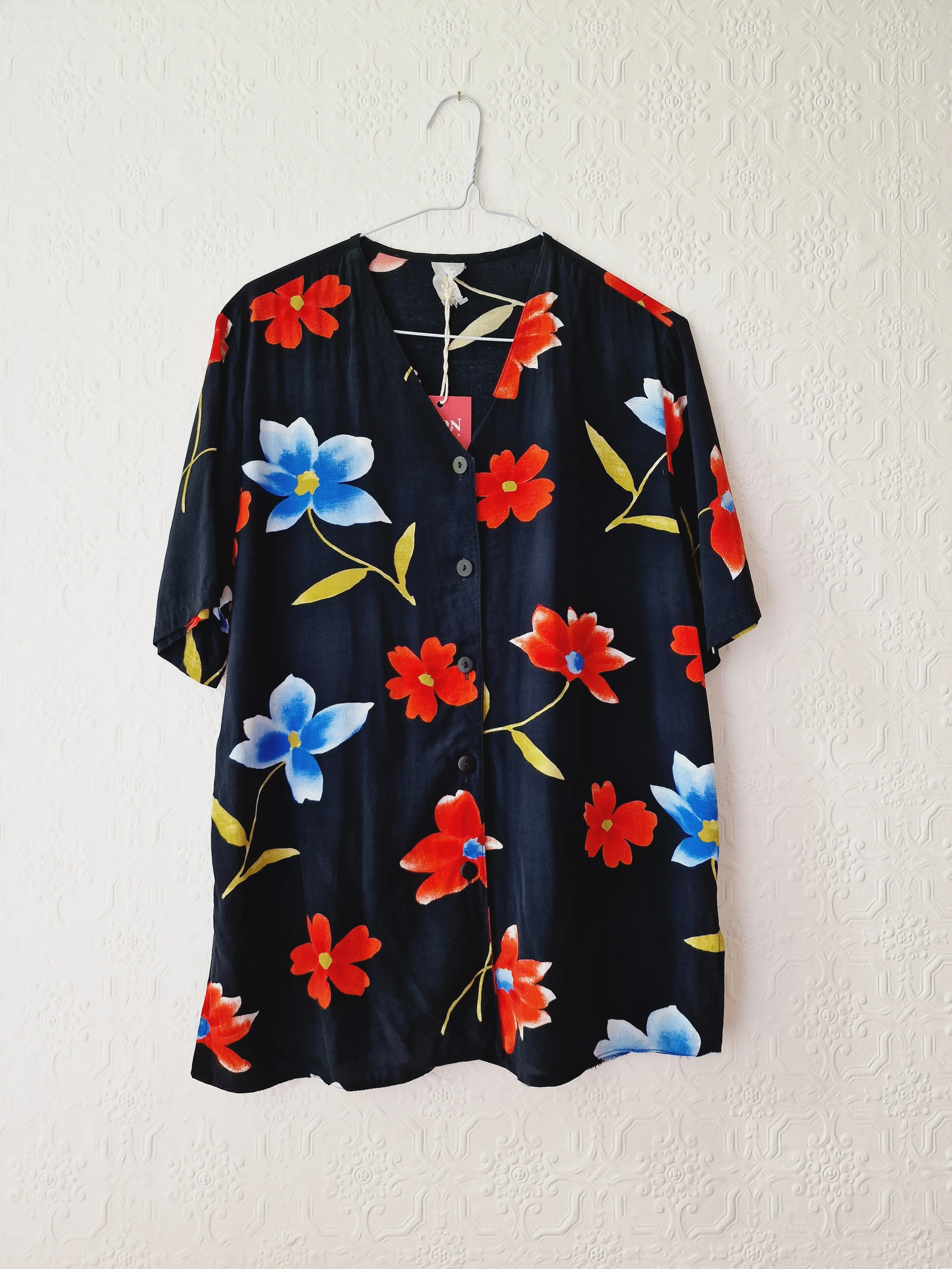 Vintage 90s Black Floral Pattern Half Sleeve Blouse - M - Image 9