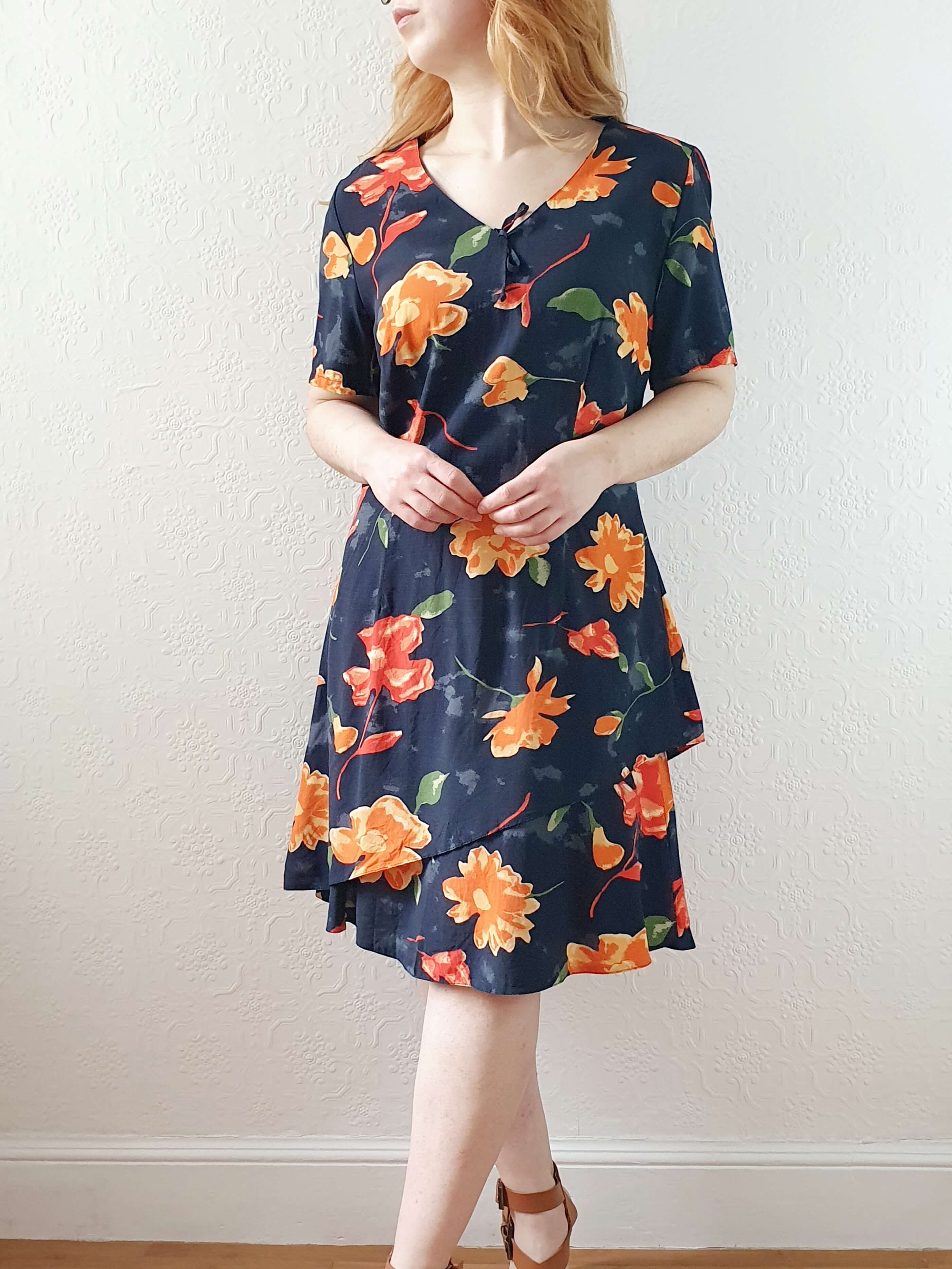 Vintage 90s Black Floral Short Sleeve Dress - M - Image 10