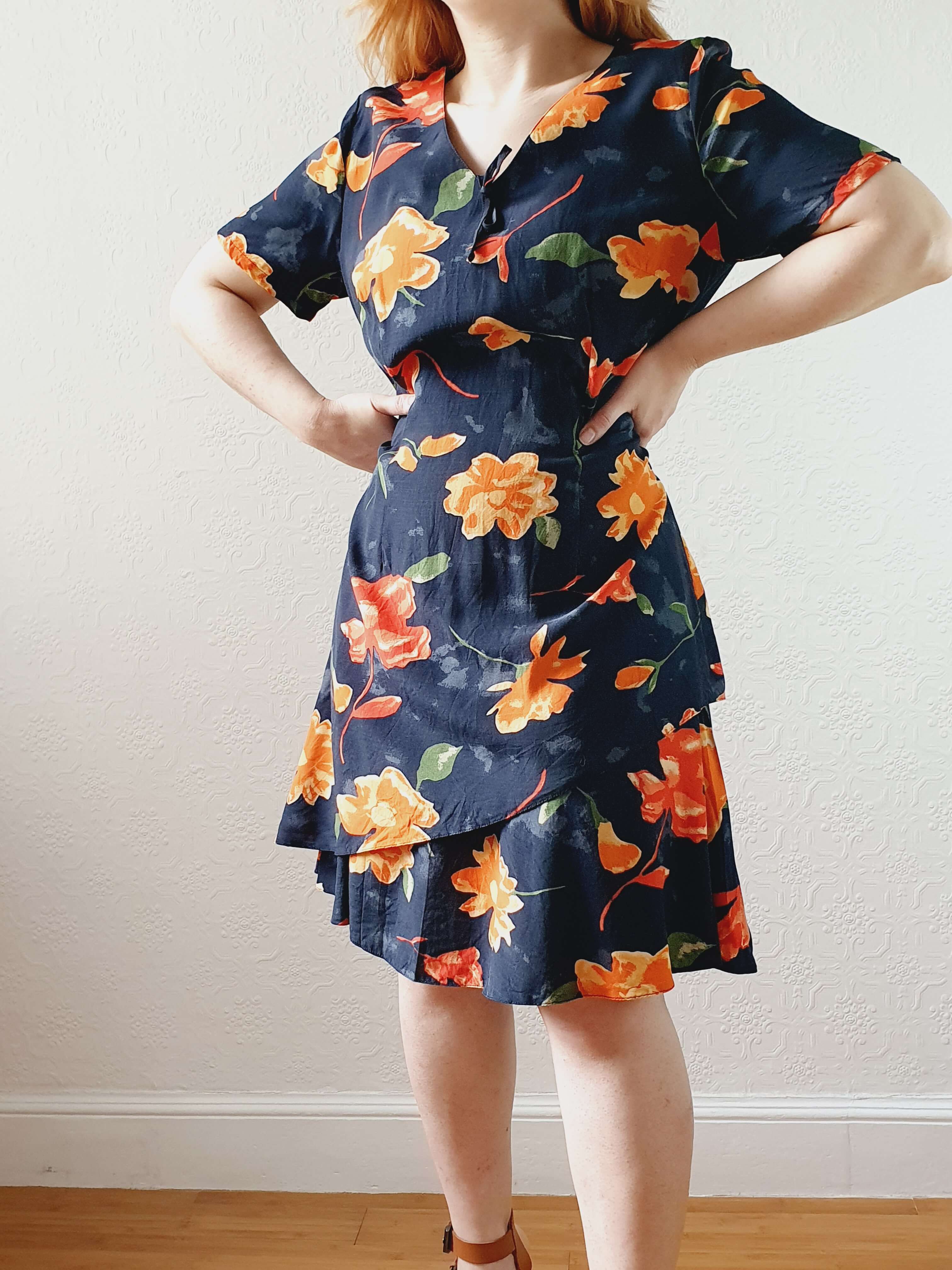 Vintage 90s Black Floral Short Sleeve Dress - M - Image 12