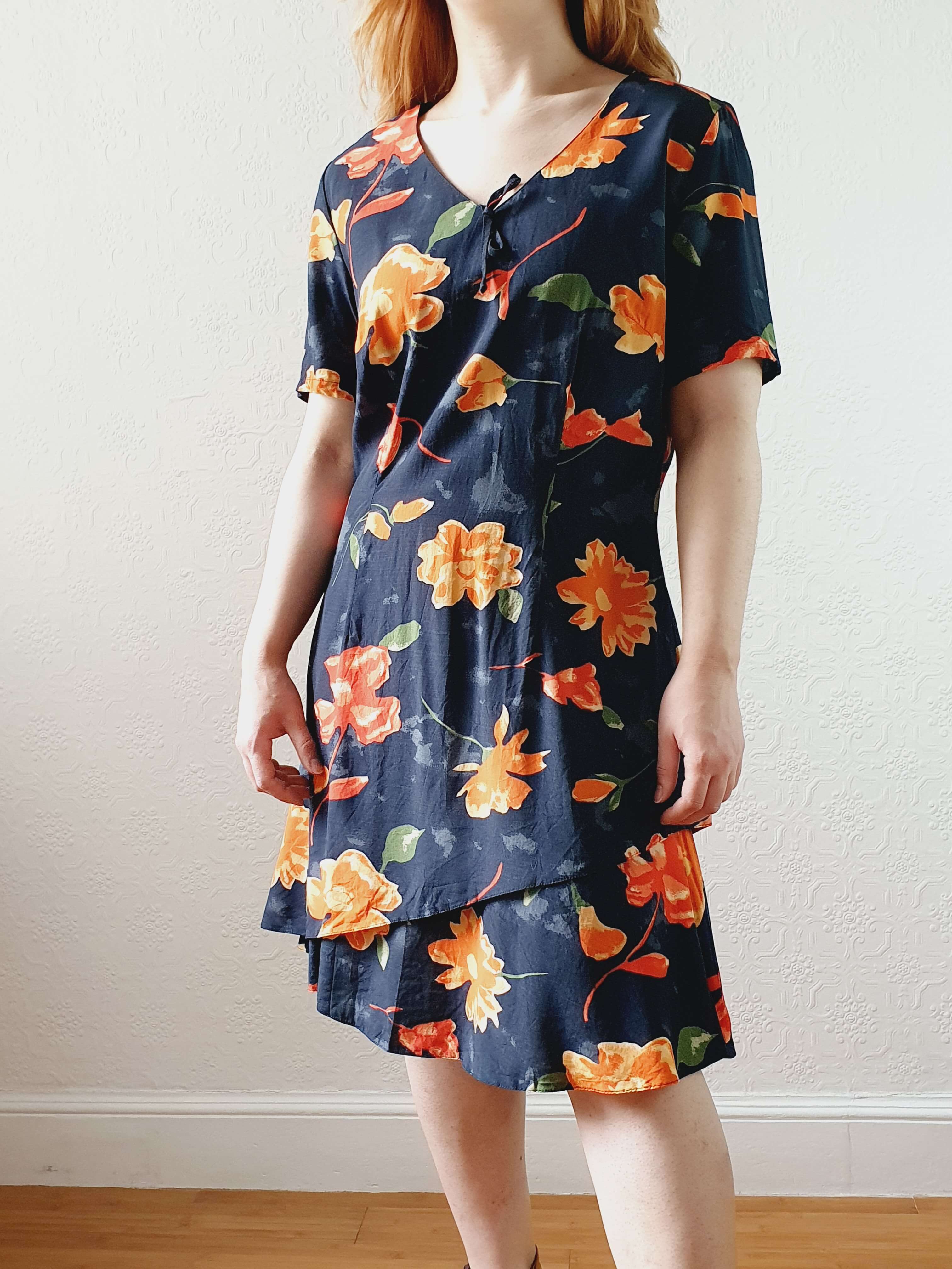 Vintage 90s Black Floral Short Sleeve Dress - M - Image 13