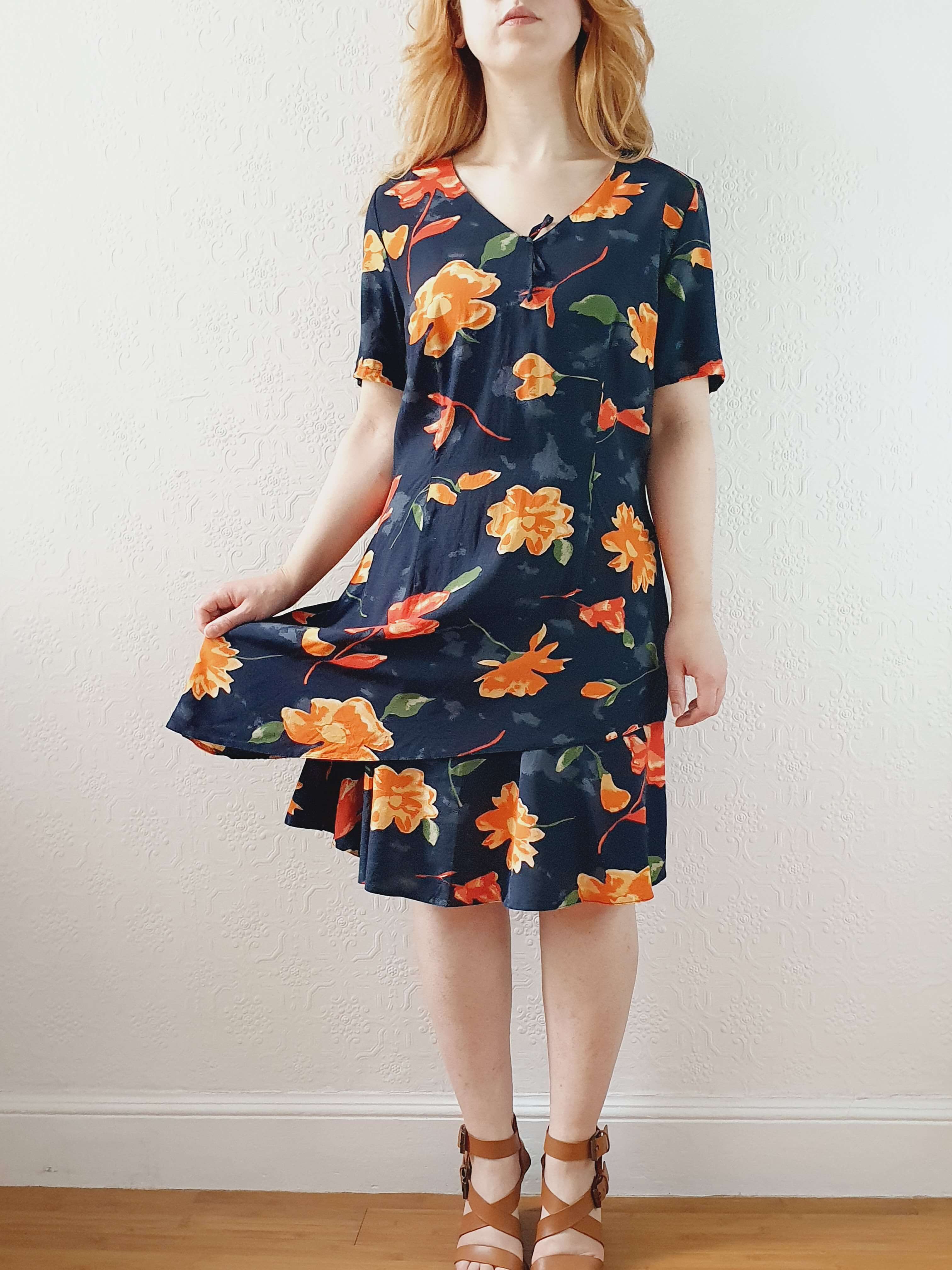 Vintage 90s Black Floral Short Sleeve Dress - M - Image 2