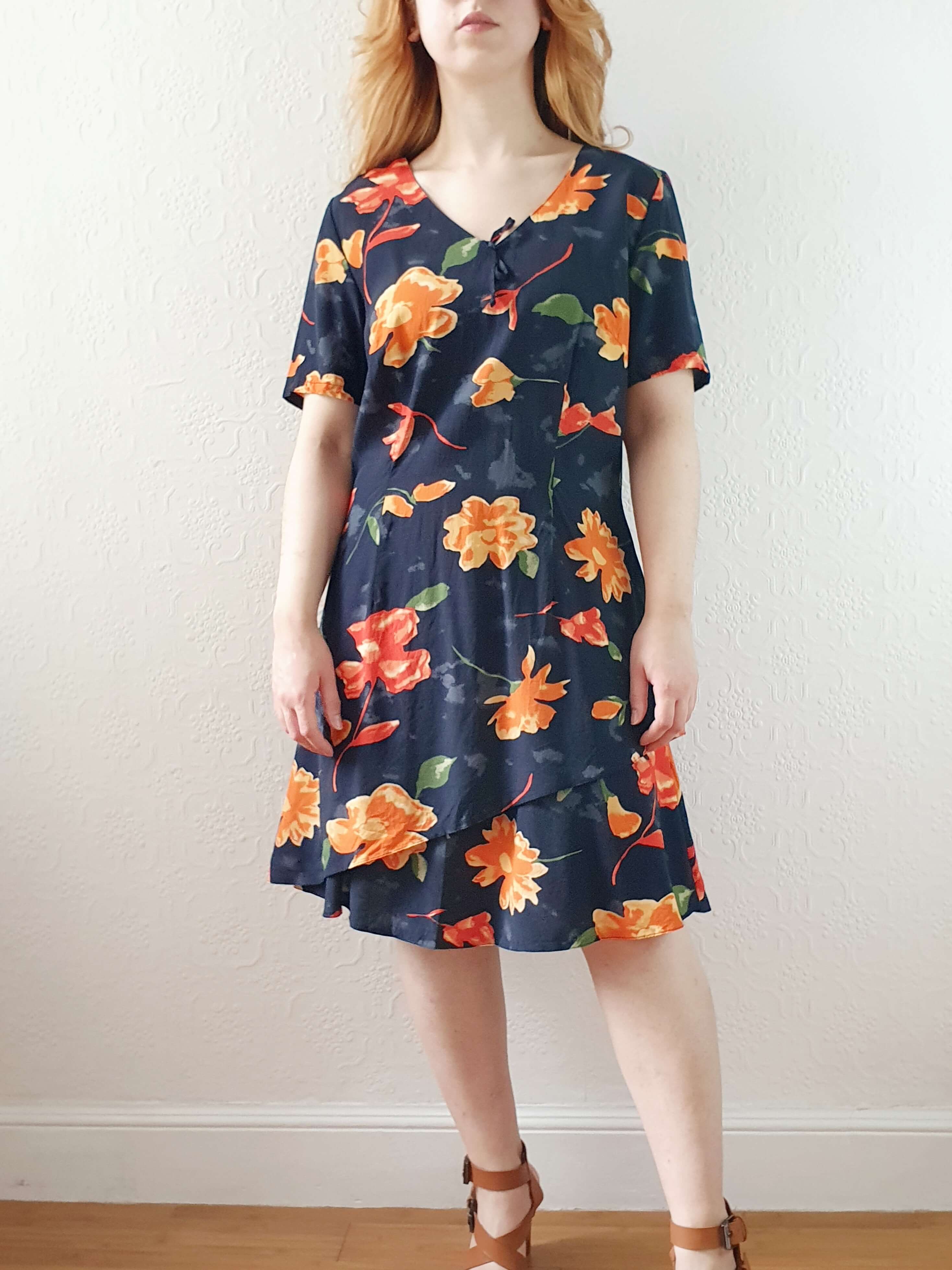Vintage 90s Black Floral Short Sleeve Dress - M - Image 3
