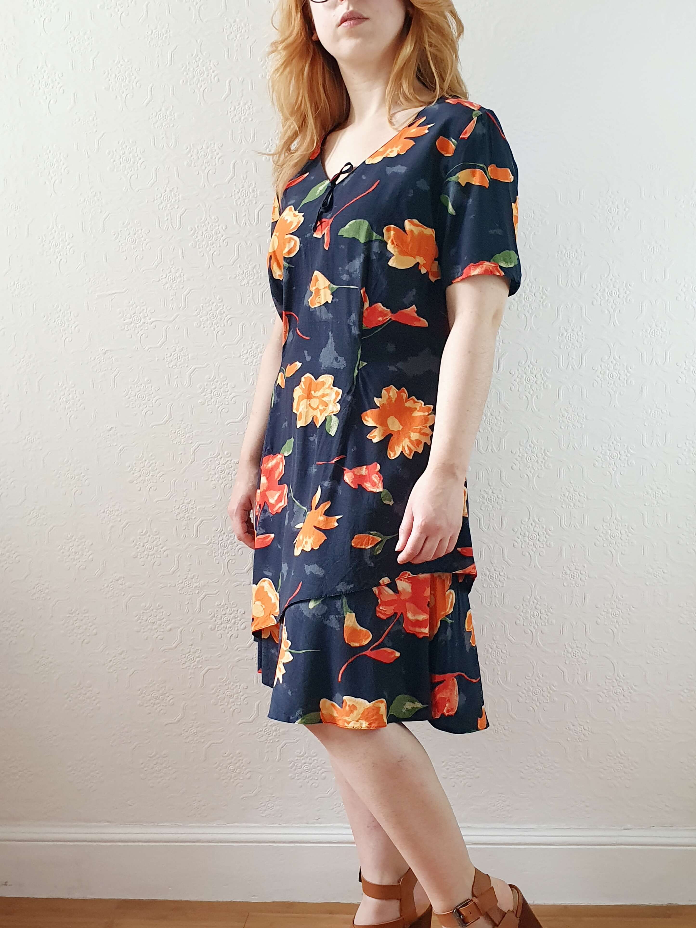 Vintage 90s Black Floral Short Sleeve Dress - M - Image 4