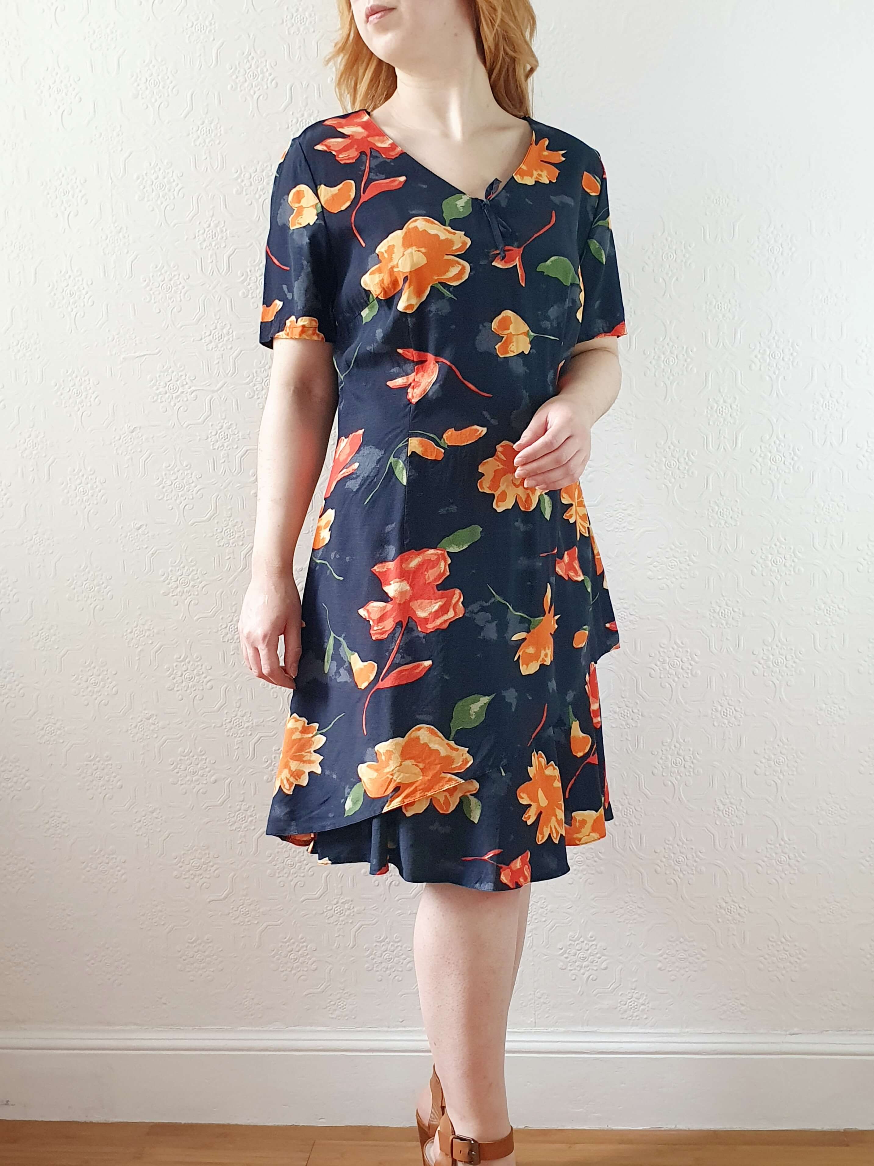 Vintage 90s Black Floral Short Sleeve Dress - M - Image 6