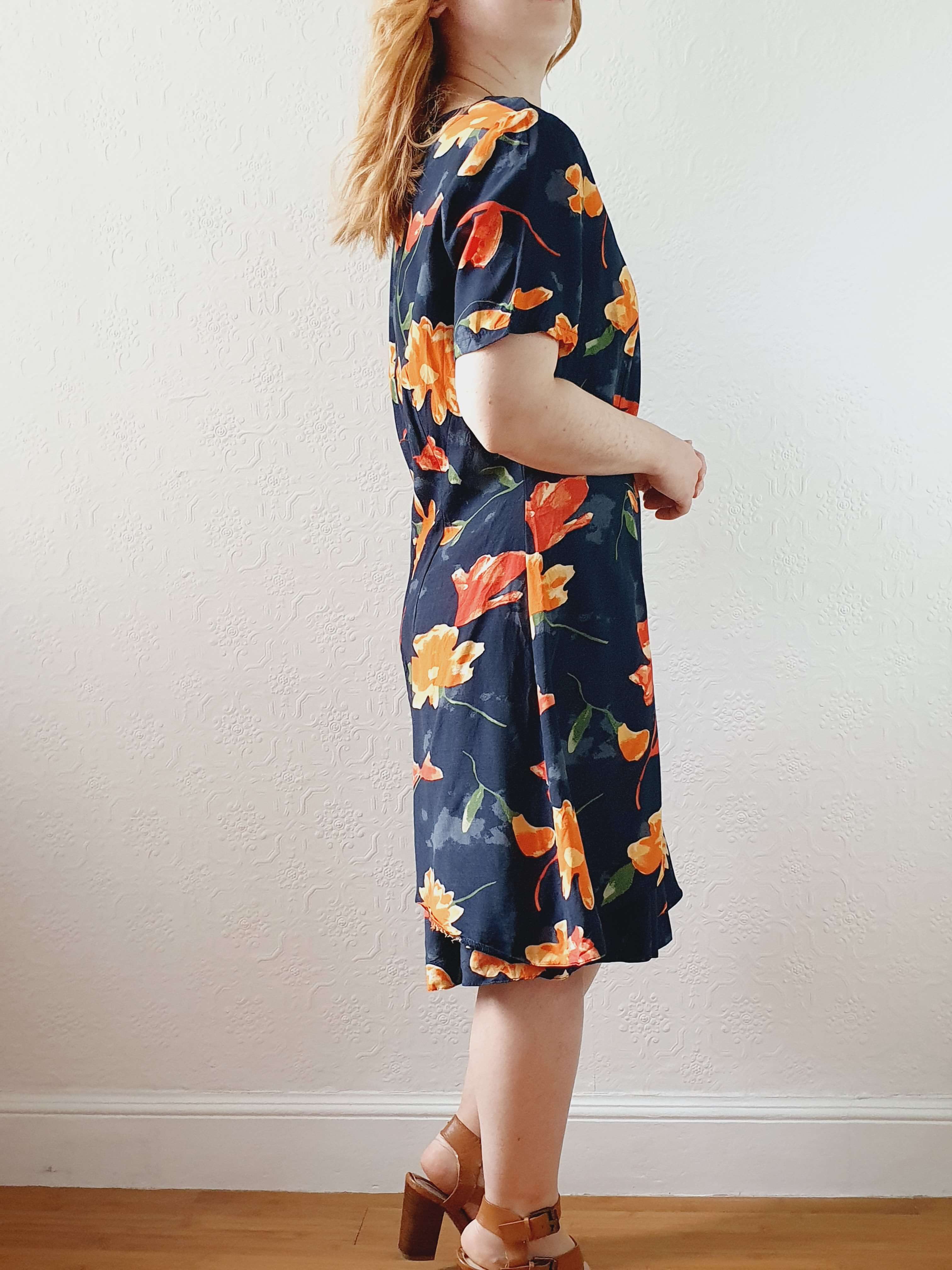Vintage 90s Black Floral Short Sleeve Dress - M - Image 7
