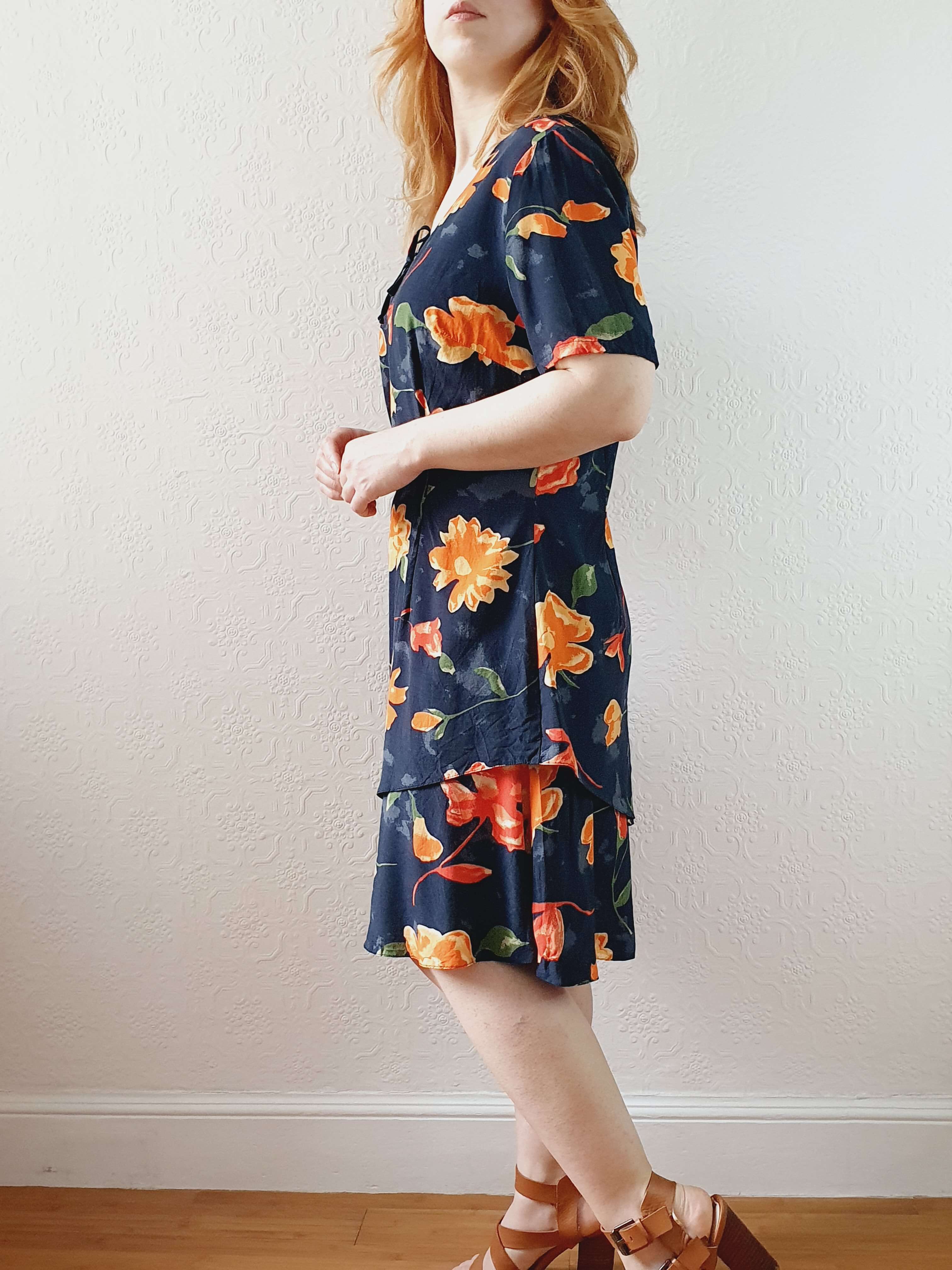 Vintage 90s Black Floral Short Sleeve Dress - M - Image 9