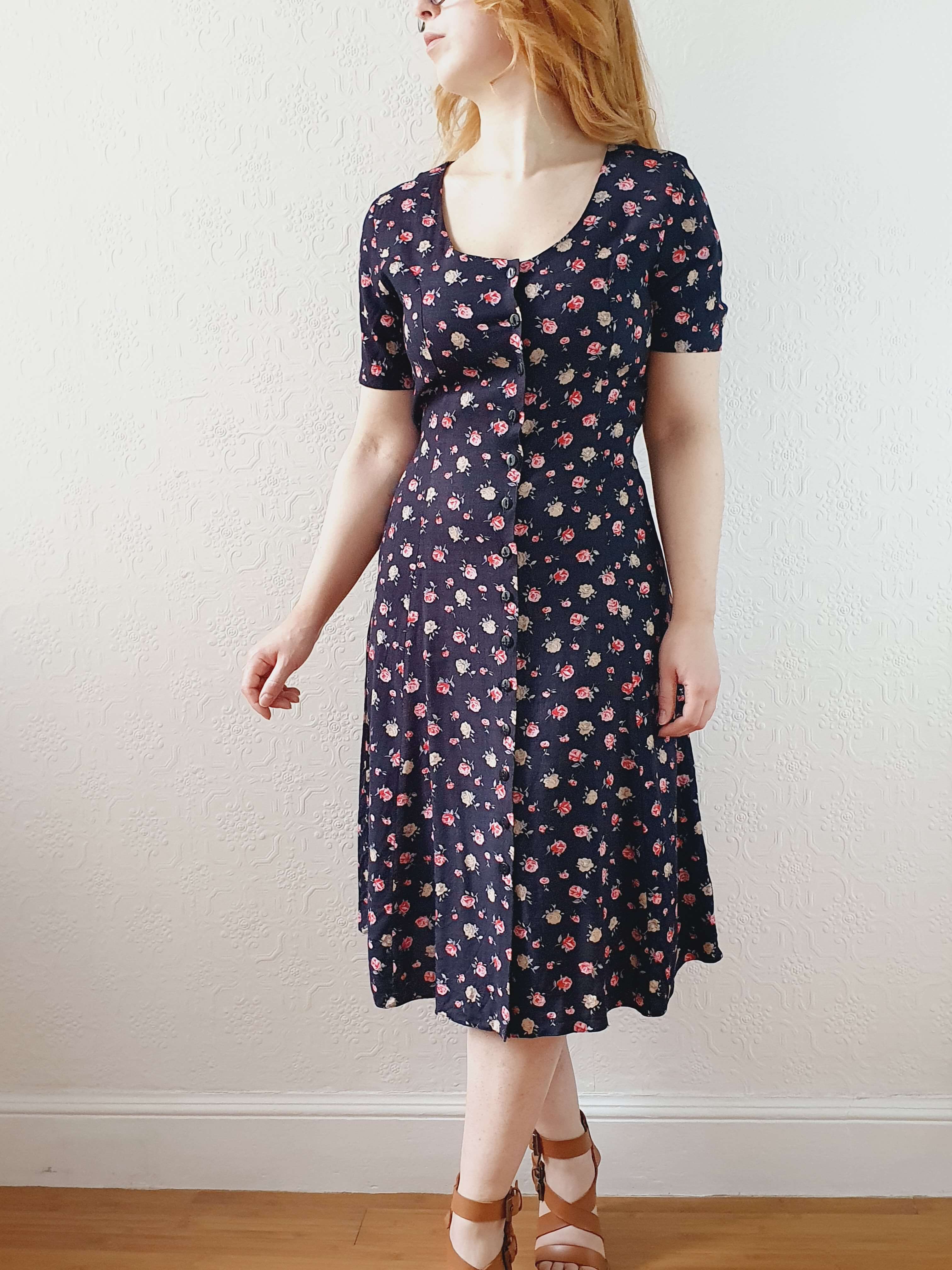 Vintage 90s Black Floral Short Sleeve Dress - XS/S