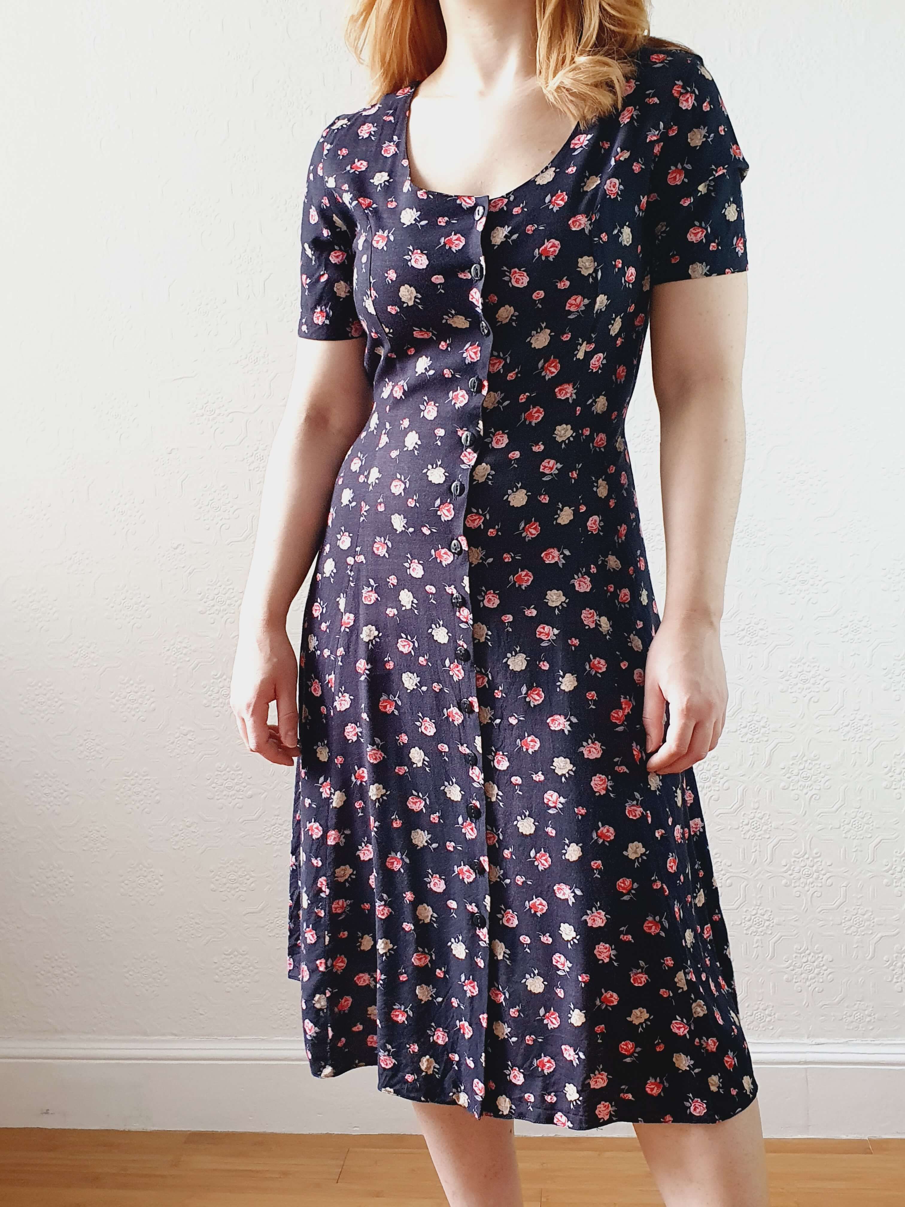 Vintage 90s Black Floral Short Sleeve Dress - XS/S - Image 10