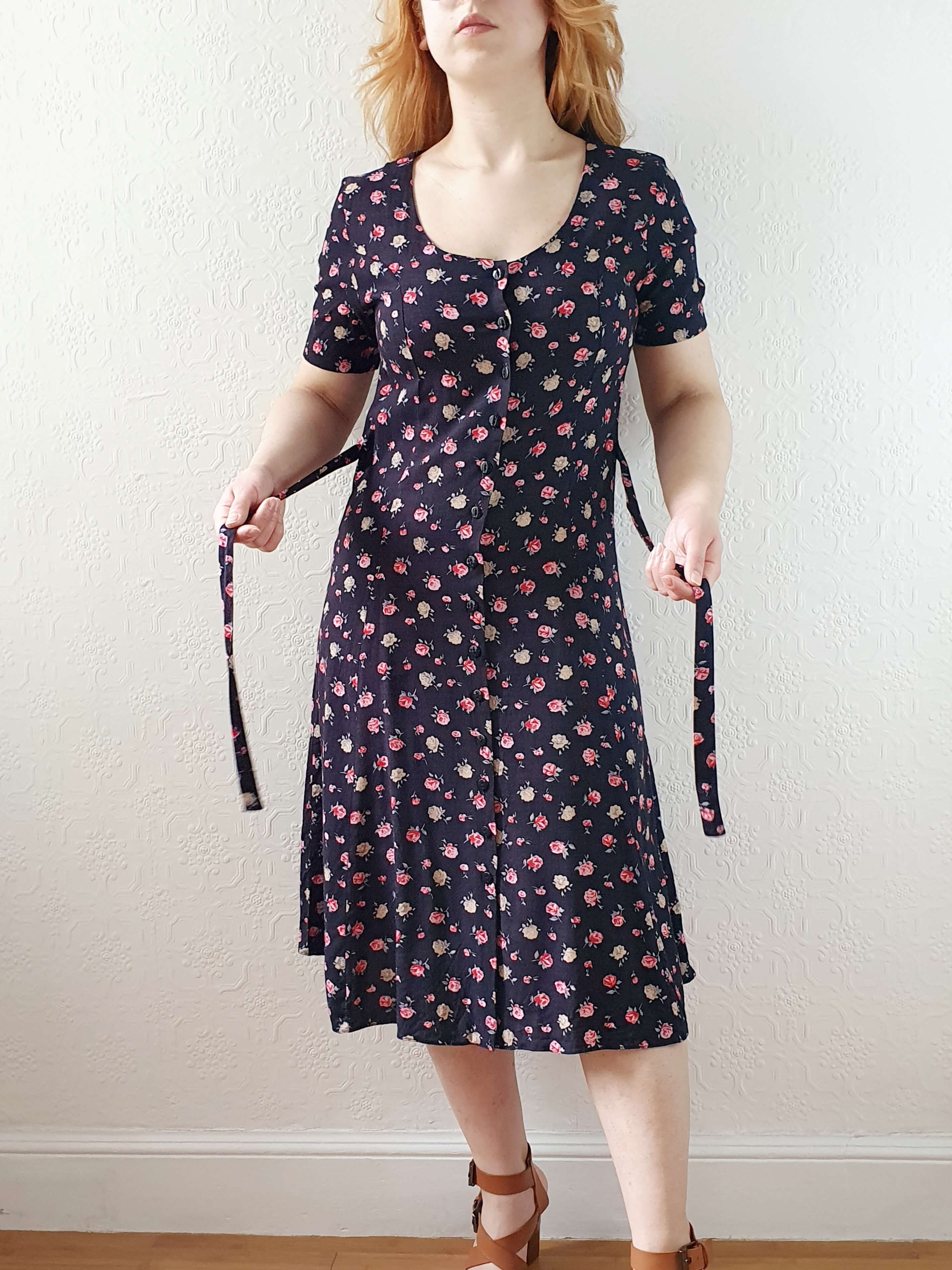 Vintage 90s Black Floral Short Sleeve Dress - XS/S - Image 12