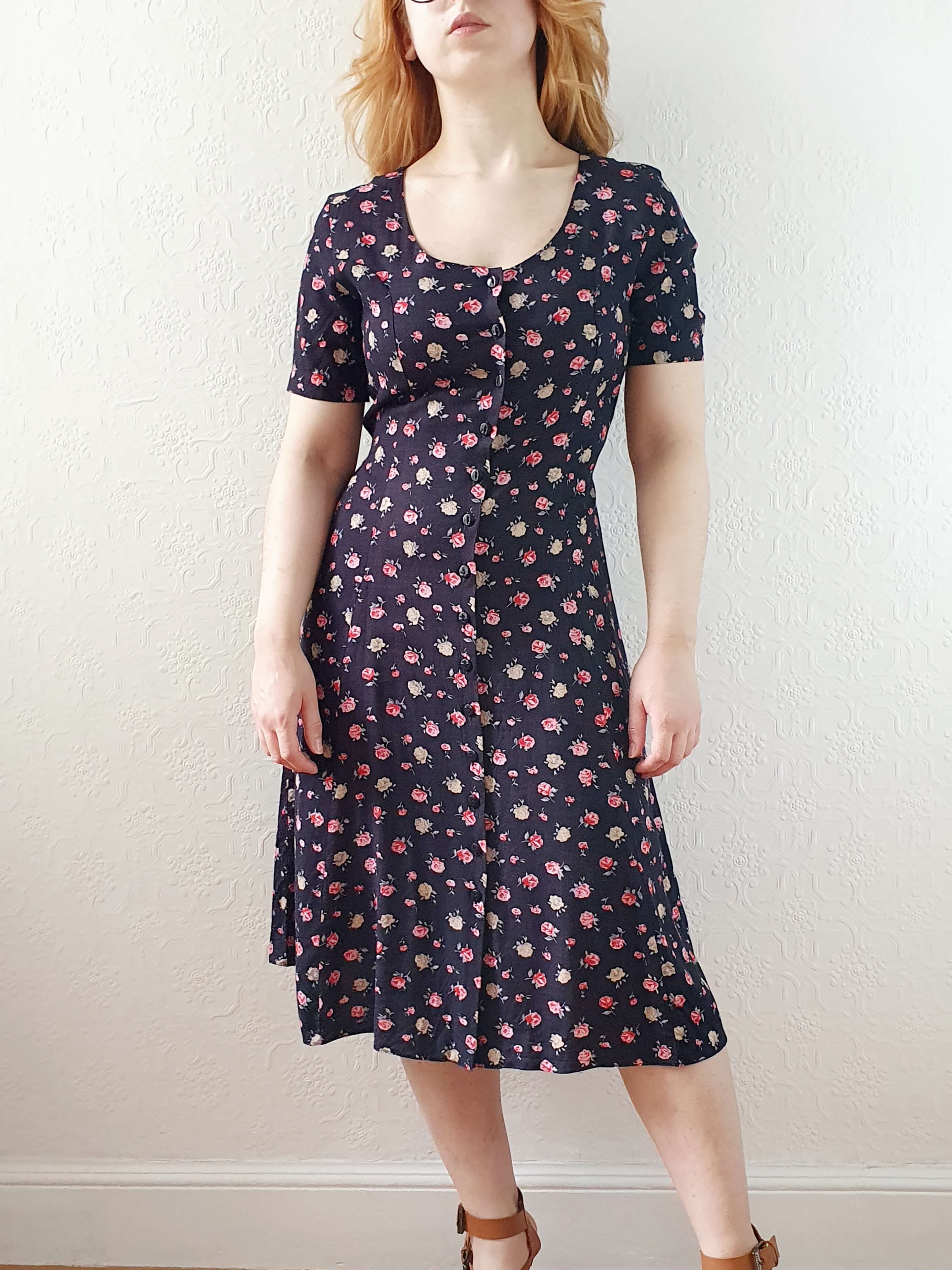 Vintage 90s Black Floral Short Sleeve Dress - XS/S - Image 2