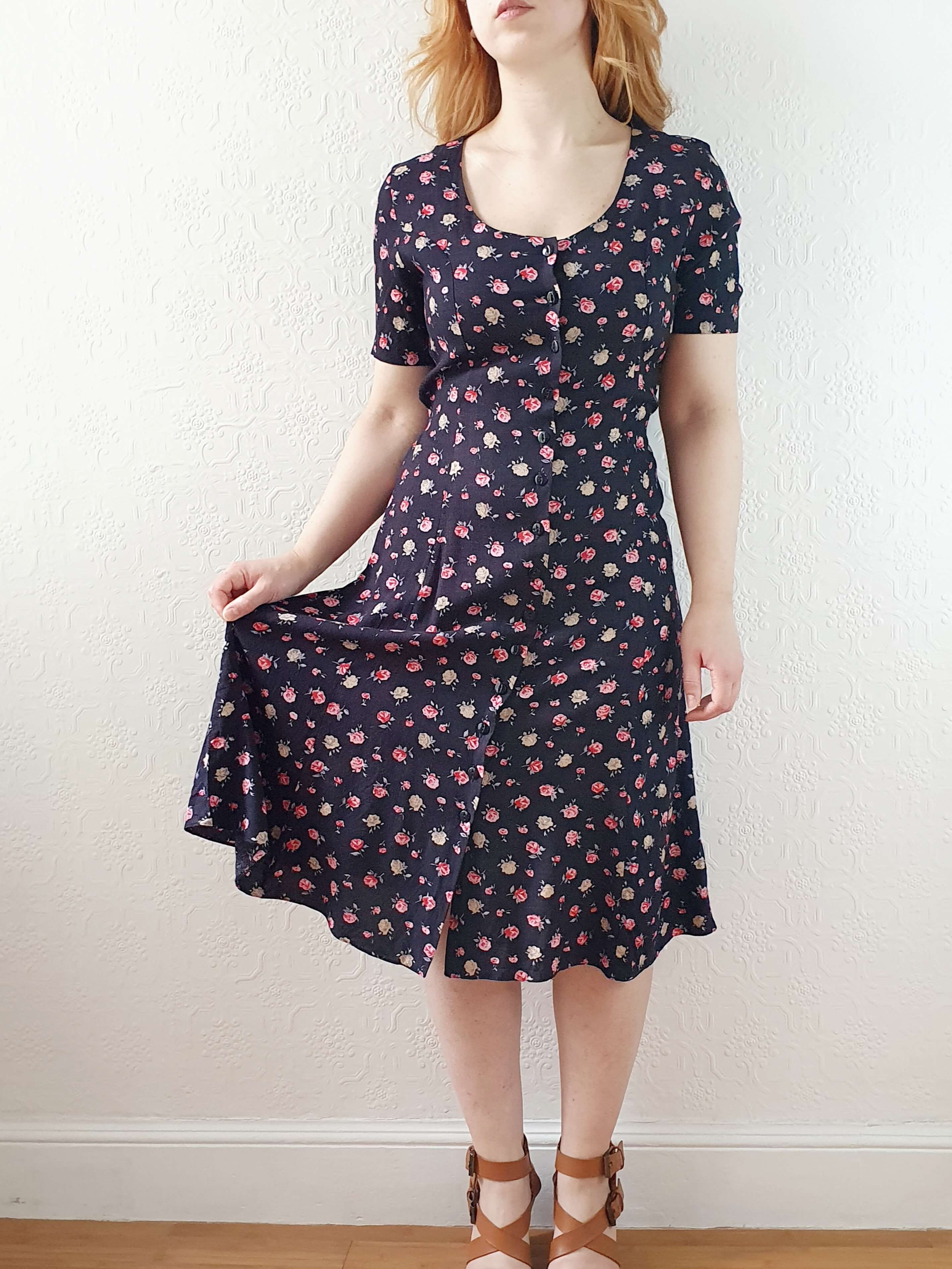 Vintage 90s Black Floral Short Sleeve Dress - XS/S - Image 3