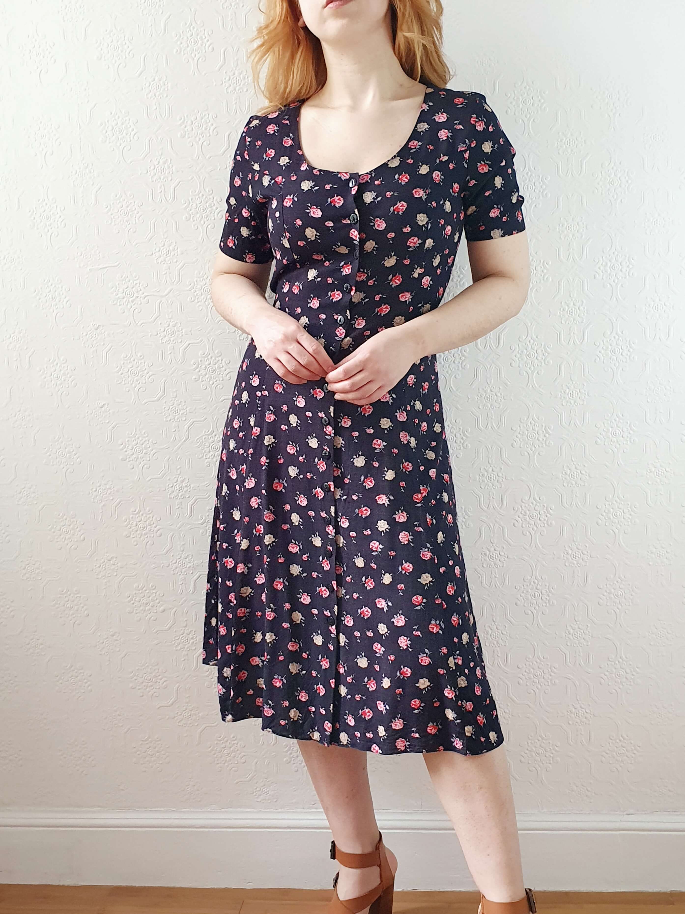 Vintage 90s Black Floral Short Sleeve Dress - XS/S - Image 4