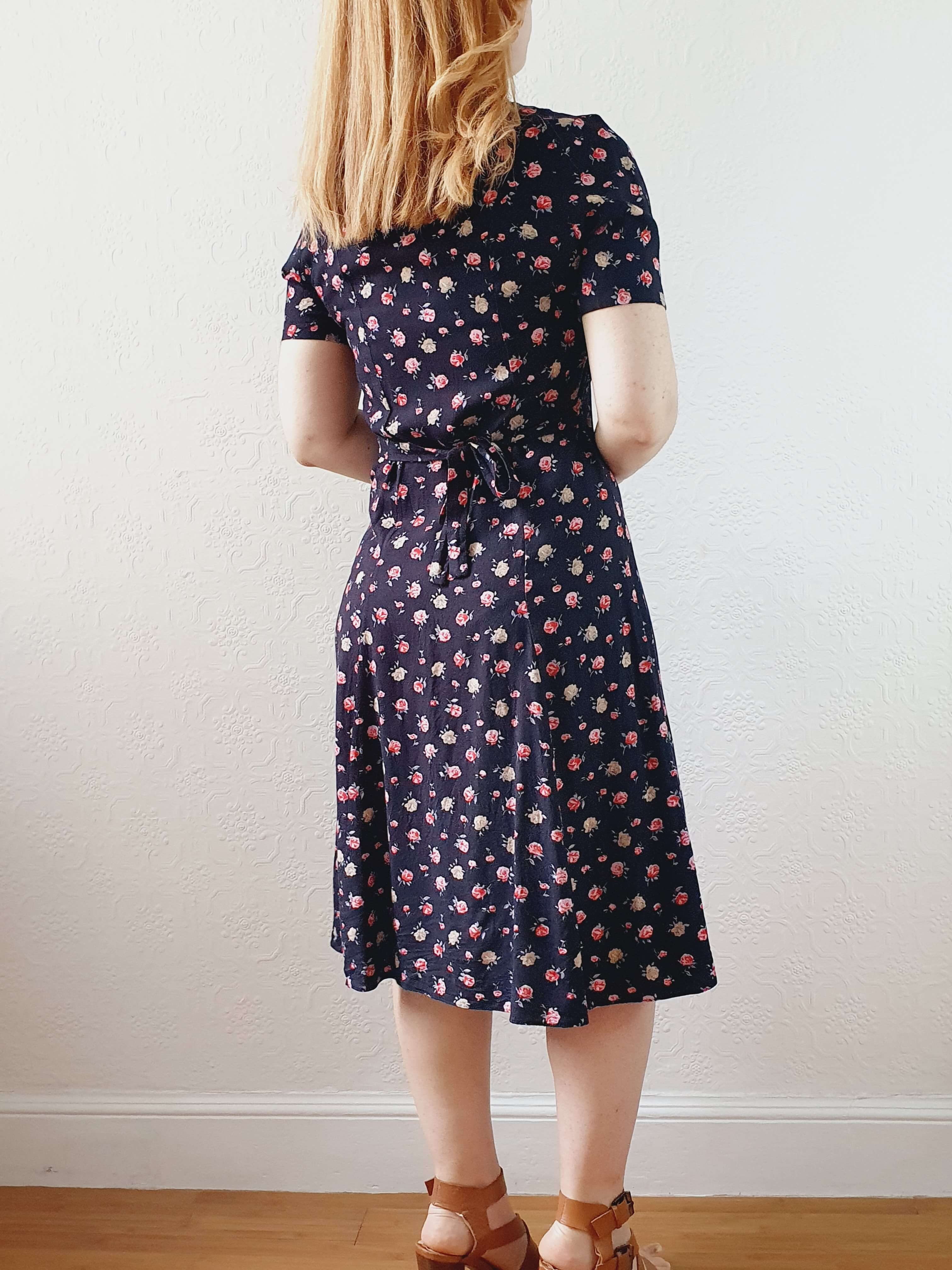Vintage 90s Black Floral Short Sleeve Dress - XS/S - Image 5