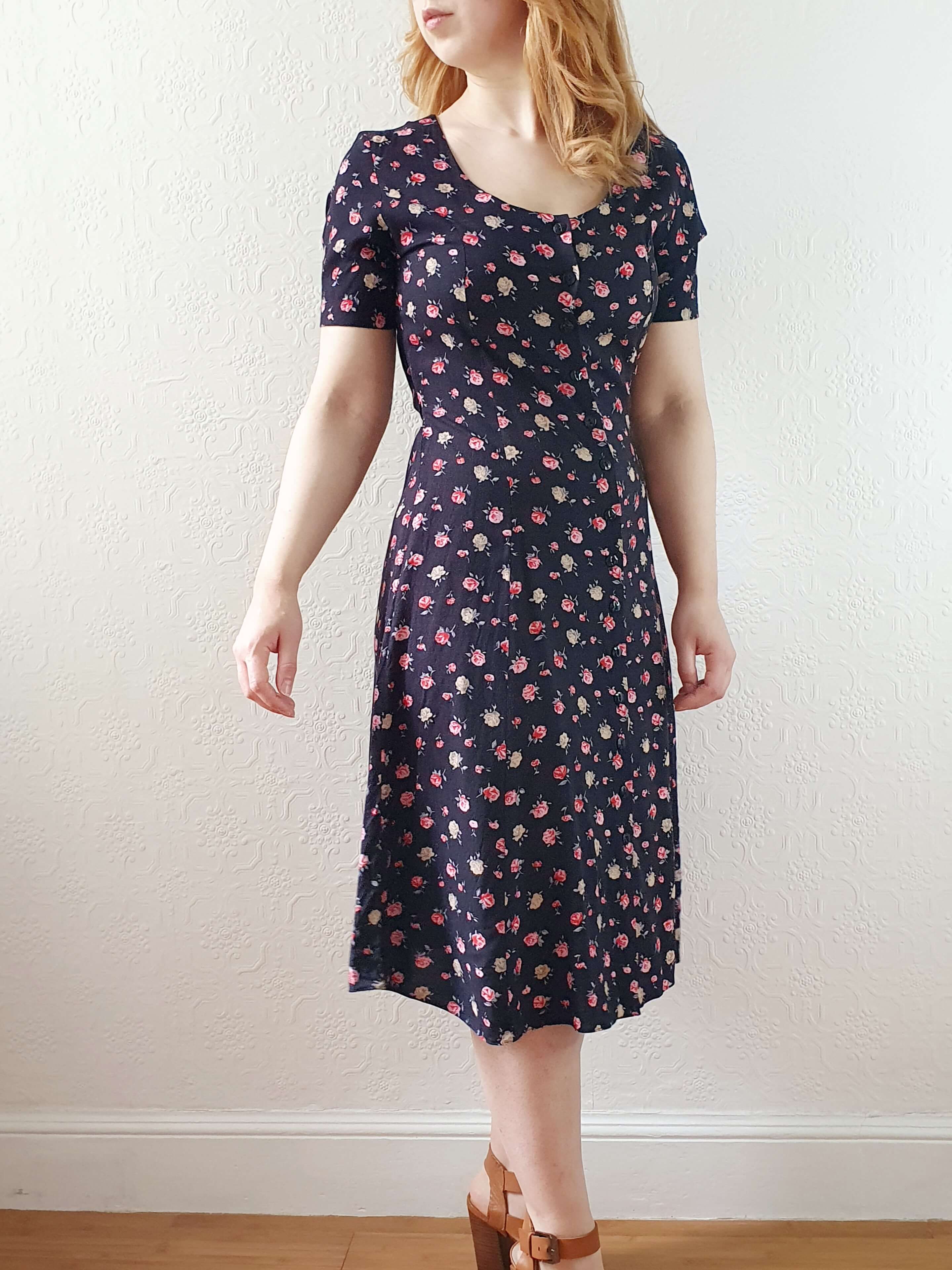 Vintage 90s Black Floral Short Sleeve Dress - XS/S - Image 7