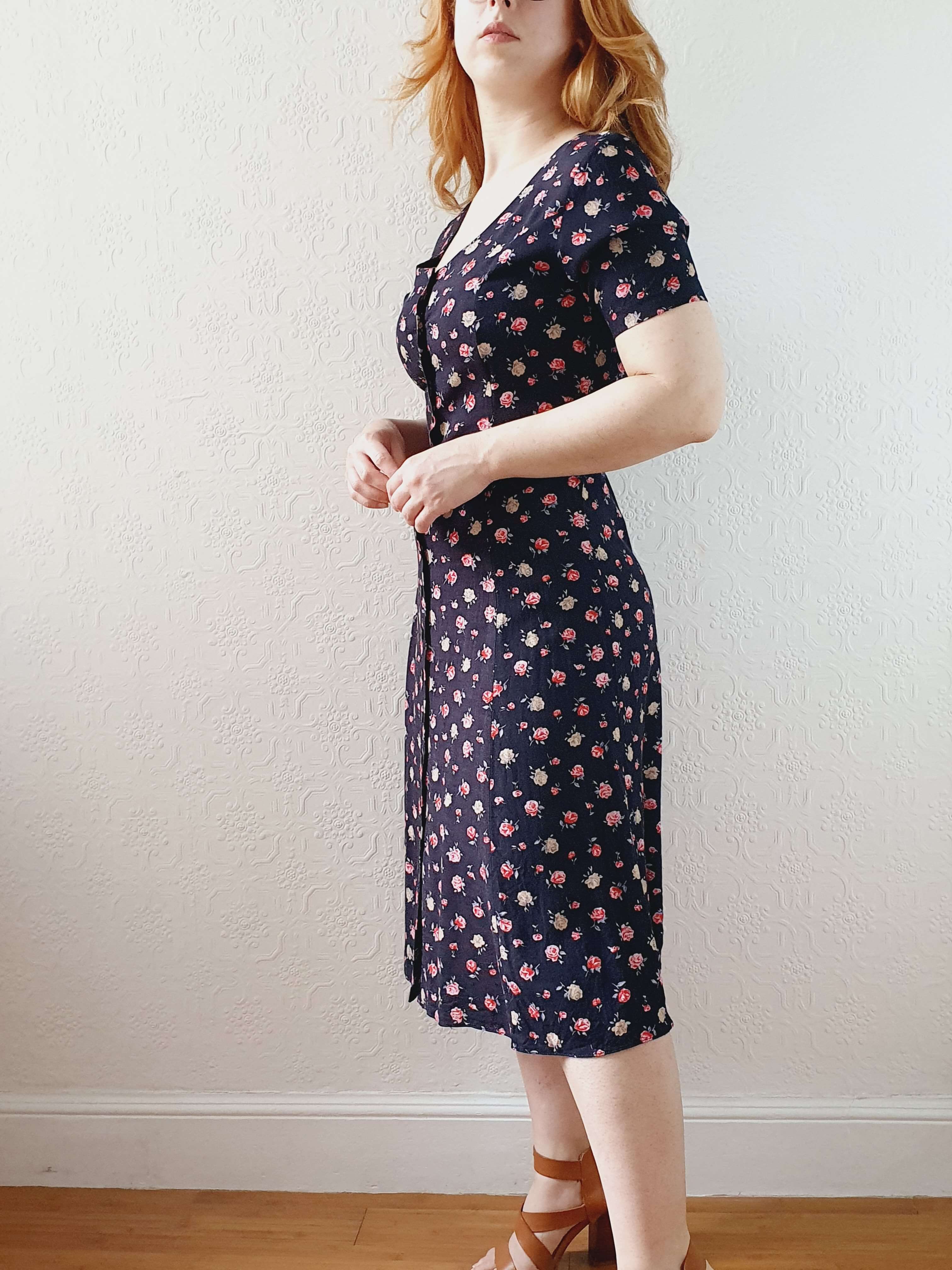 Vintage 90s Black Floral Short Sleeve Dress - XS/S - Image 8