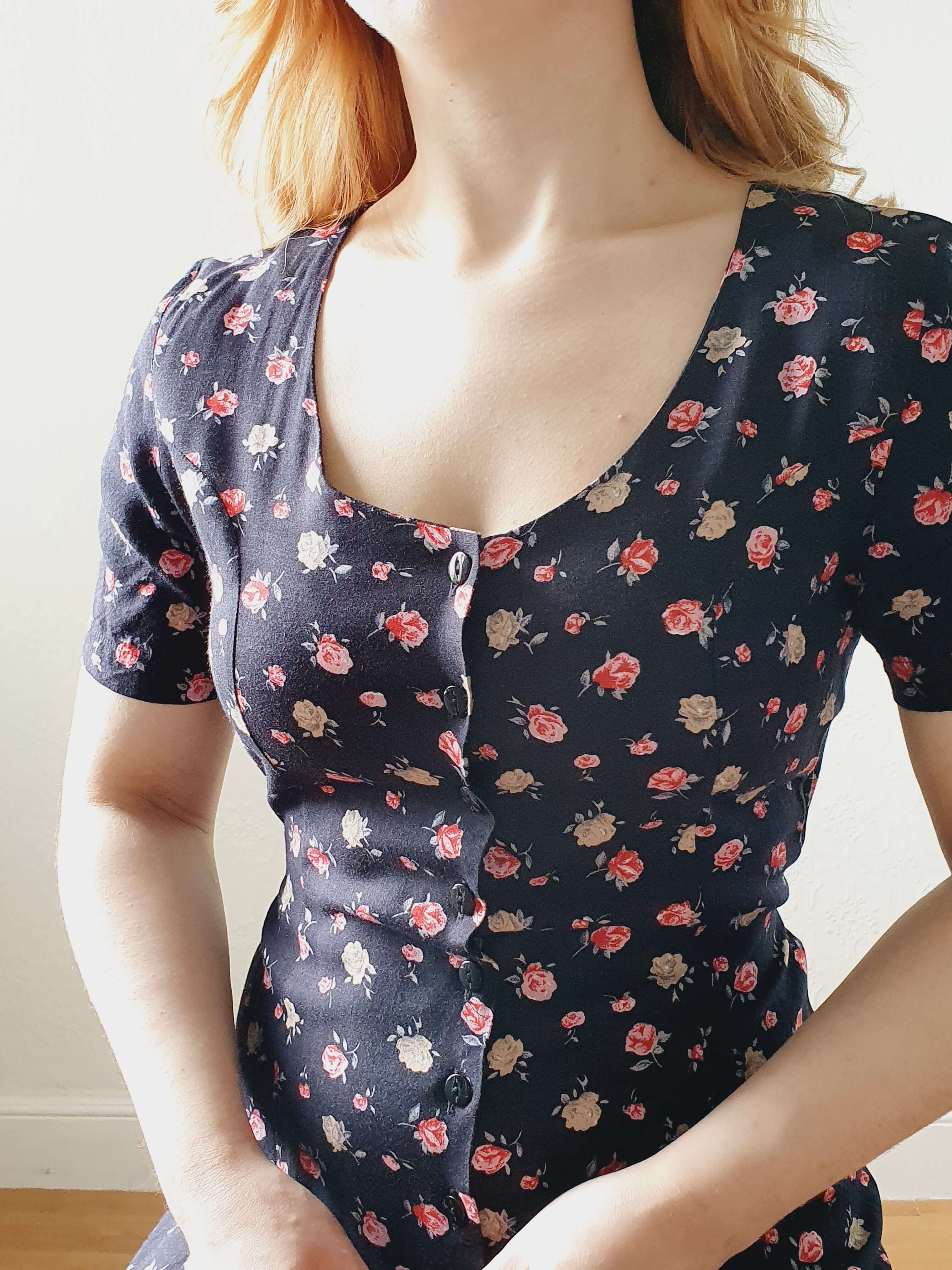 Vintage 90s Black Floral Short Sleeve Dress - XS/S - Image 9