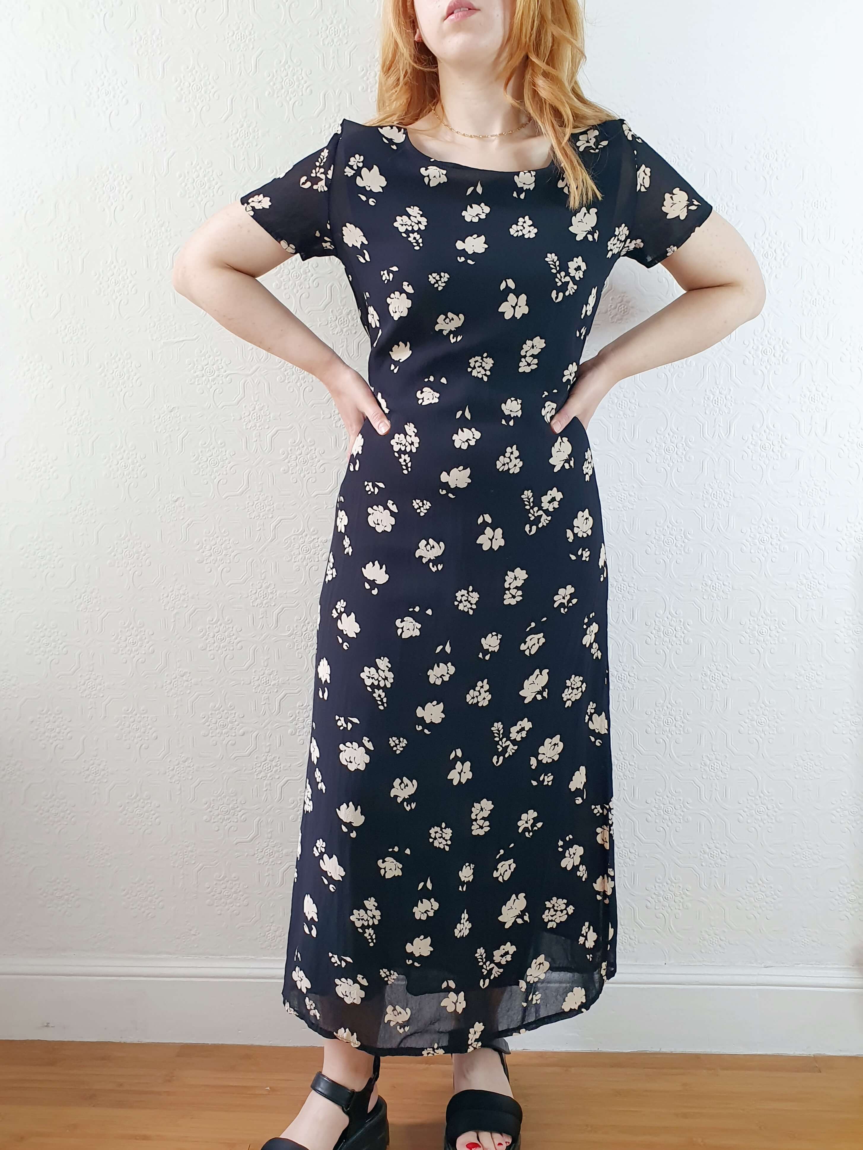 Vintage 90s Black Floral Short Sleeve Maxi Dress - XS