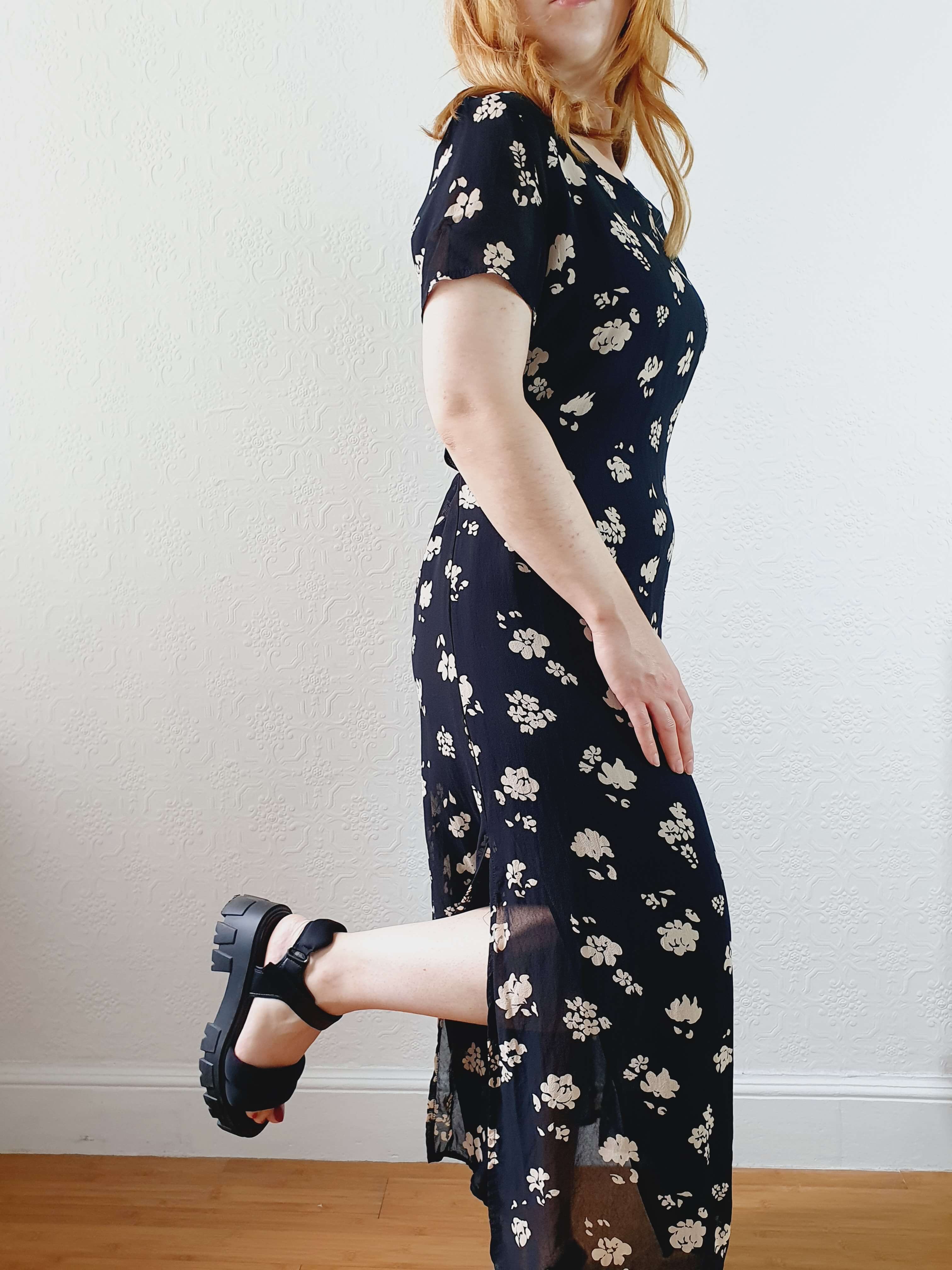 Vintage 90s Black Floral Short Sleeve Maxi Dress - XS - Image 2