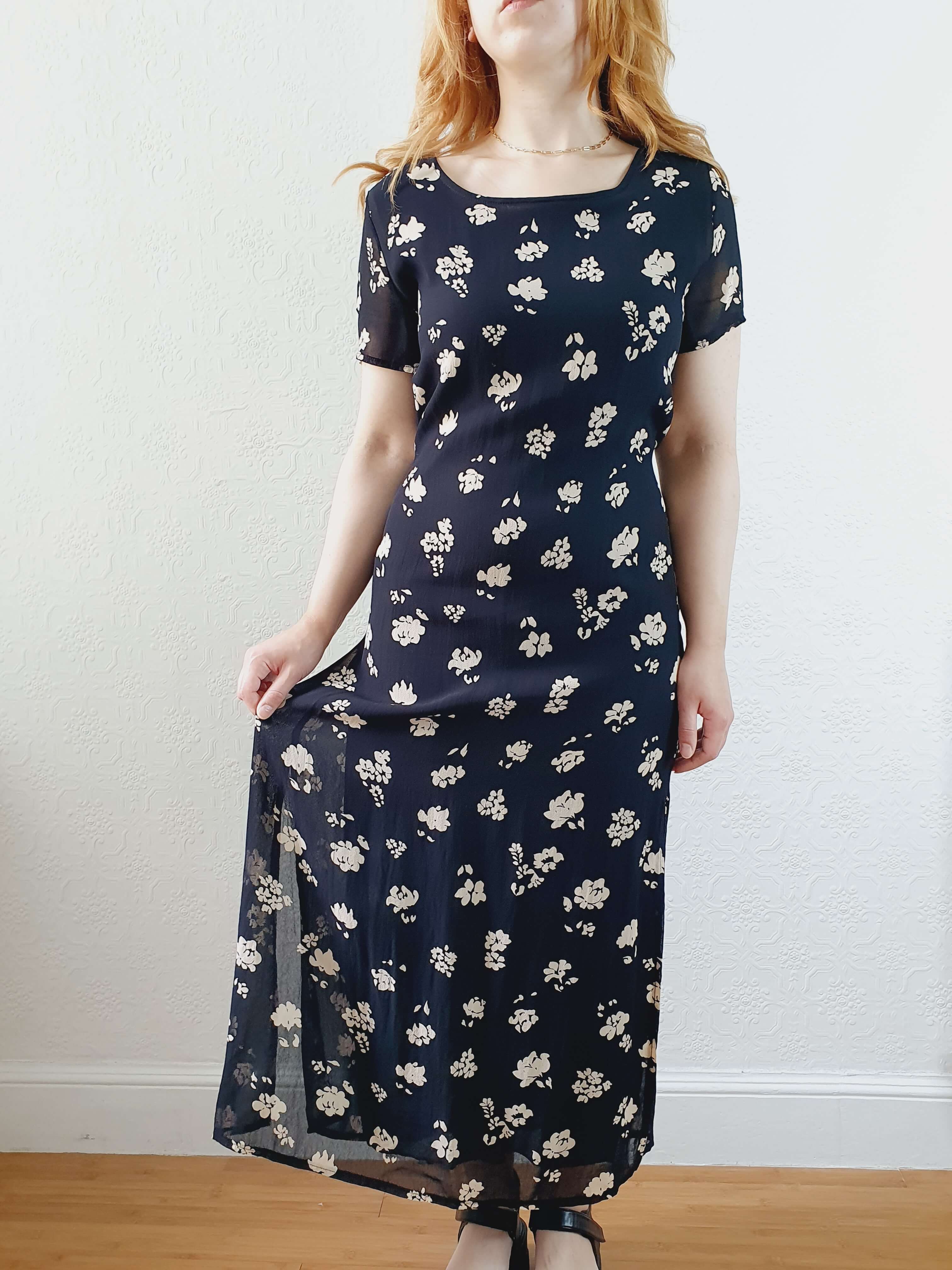 Vintage 90s Black Floral Short Sleeve Maxi Dress - XS - Image 7