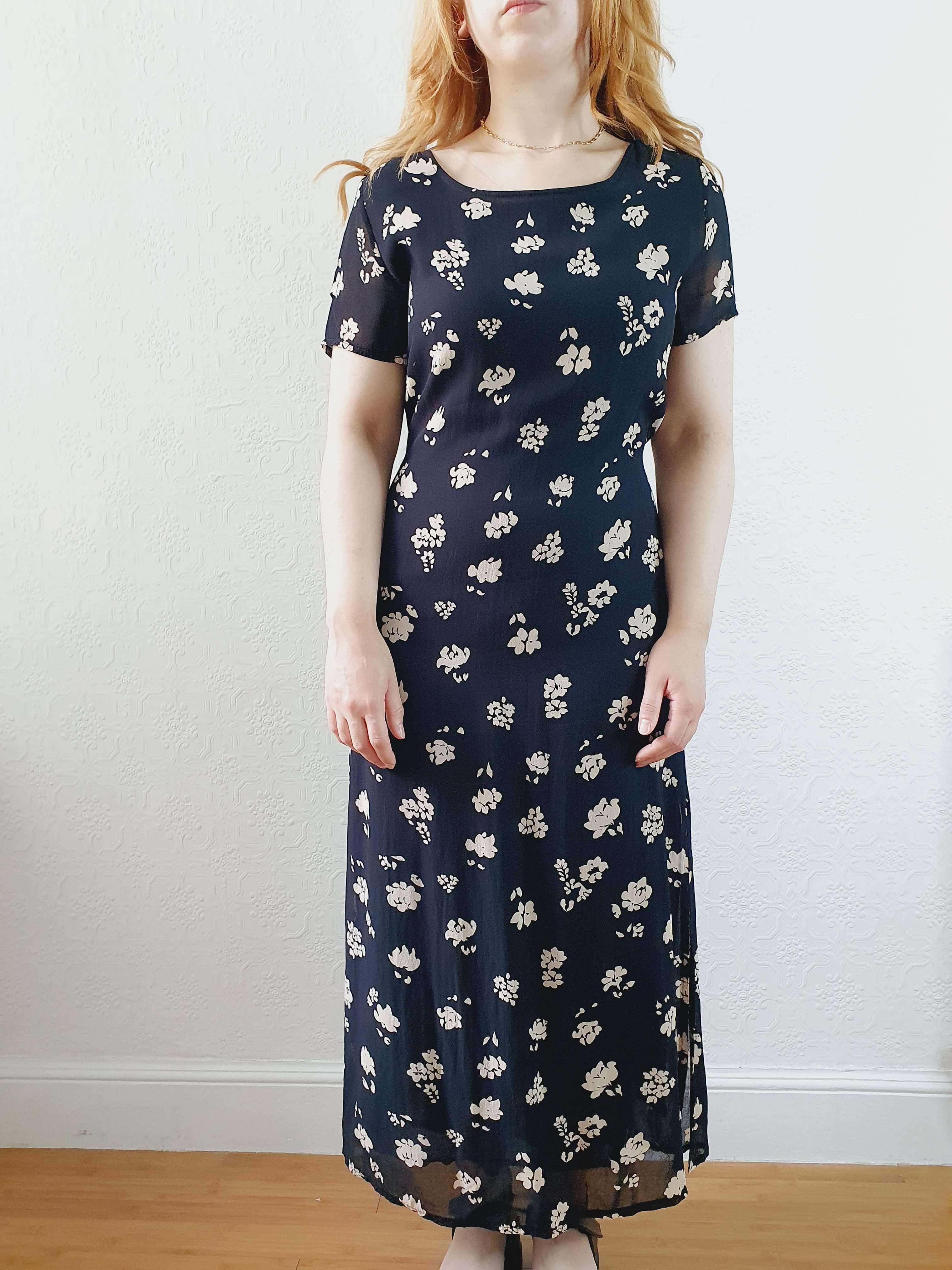Vintage 90s Black Floral Short Sleeve Maxi Dress - XS - Image 8