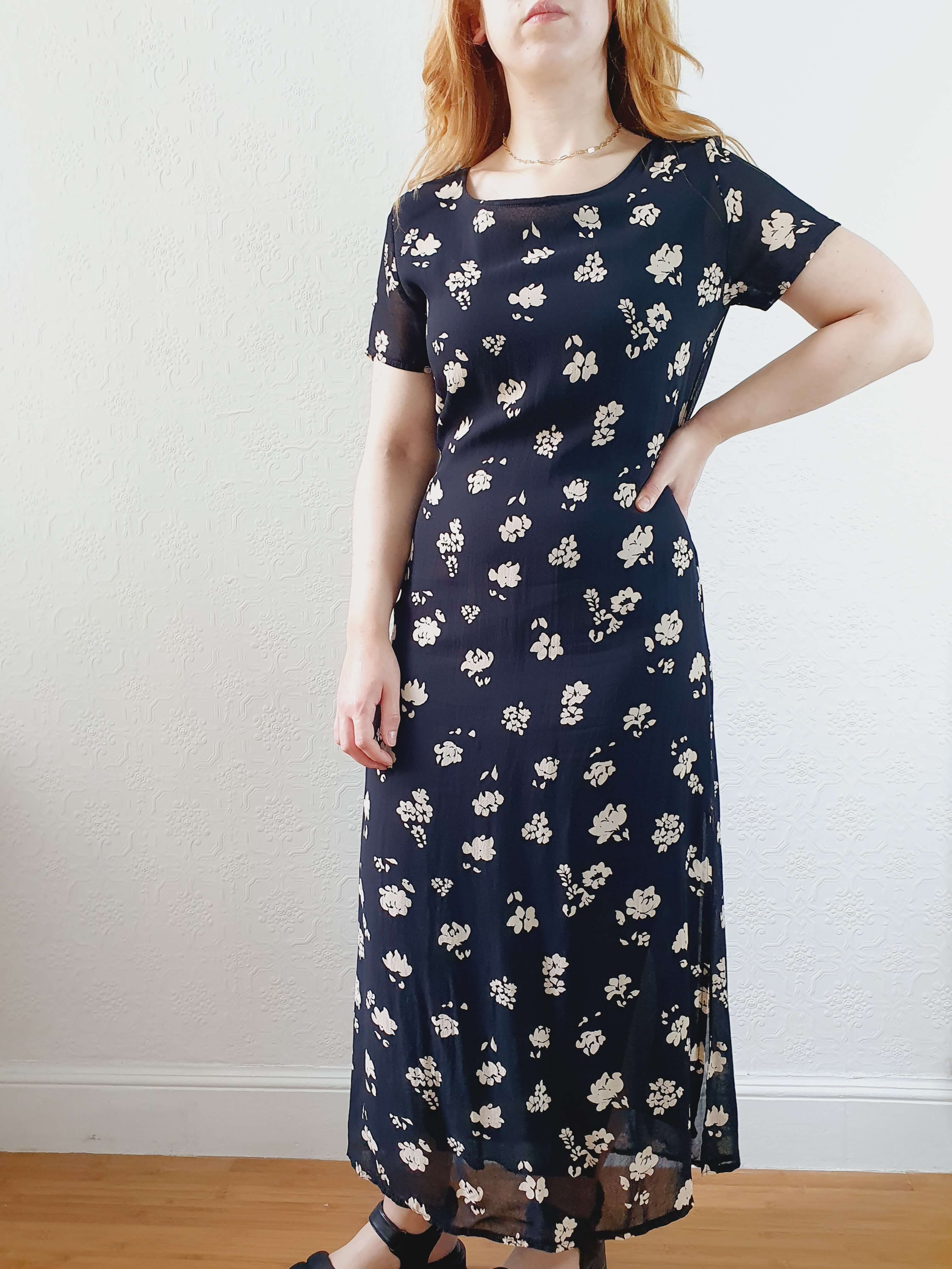 Vintage 90s Black Floral Short Sleeve Maxi Dress - XS - Image 9