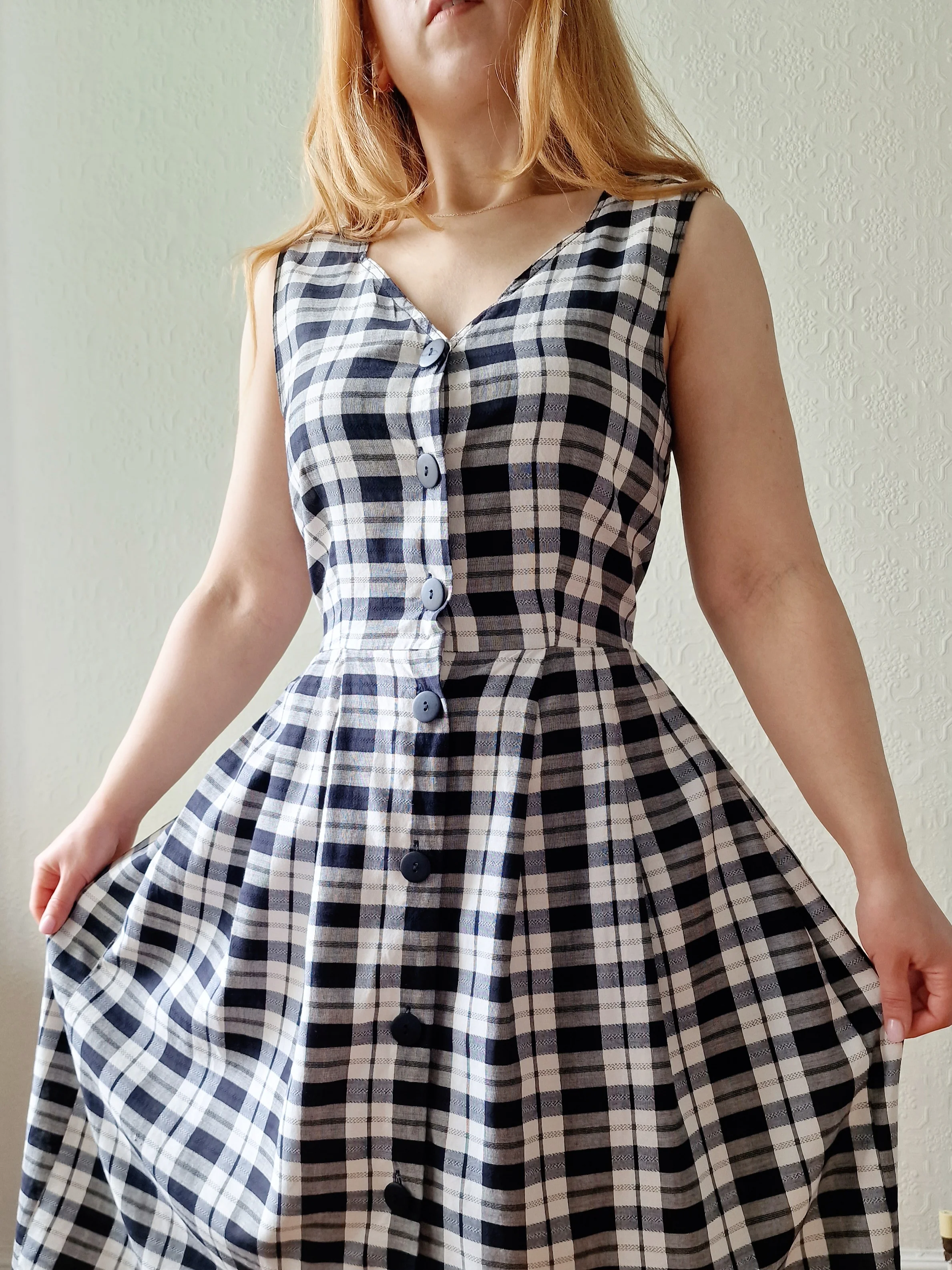 Vintage 90s Black & White Check Sleeveless Midi Dress - S - Image 2