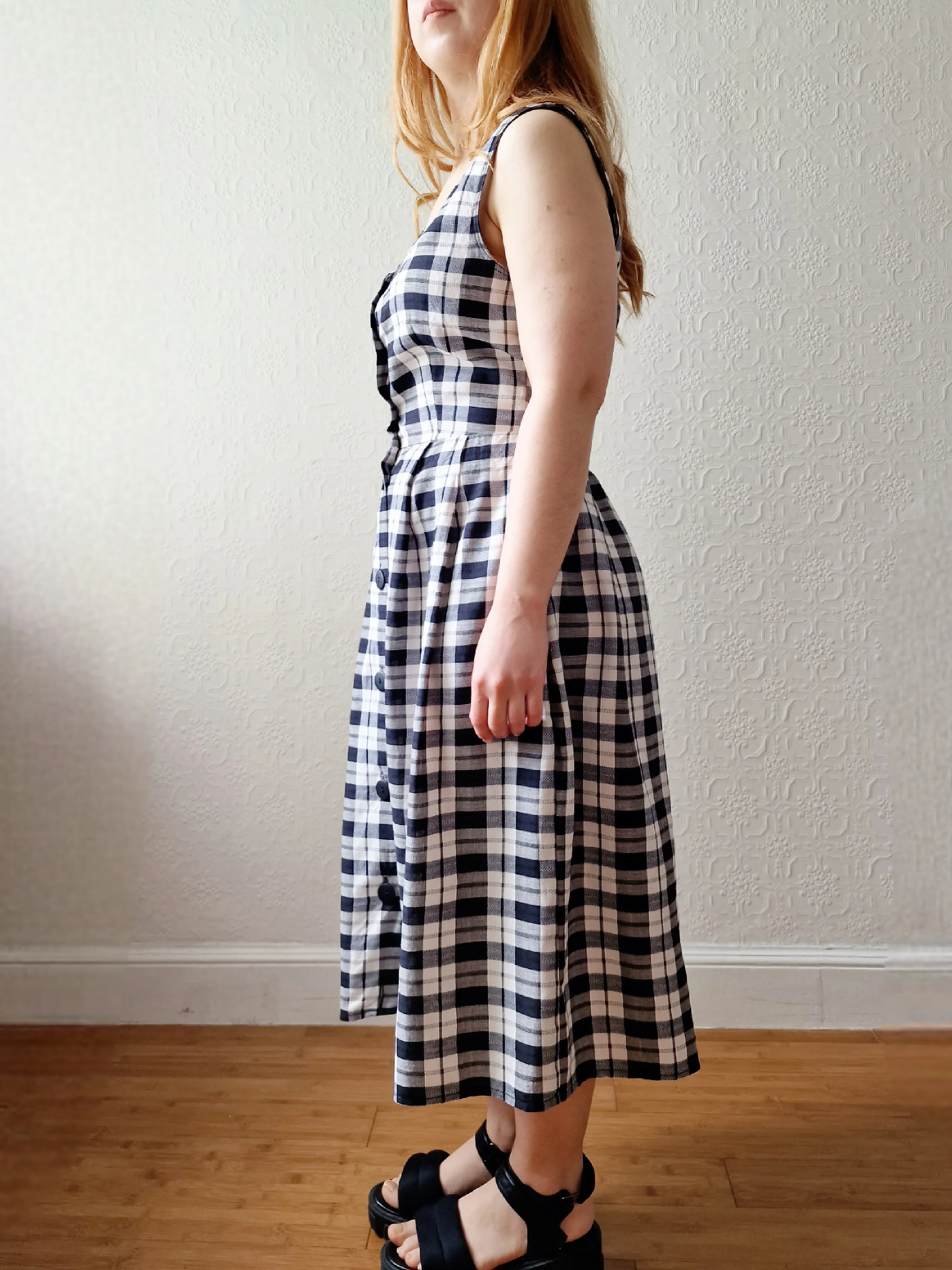 Vintage 90s Black & White Check Sleeveless Midi Dress - S - Image 3