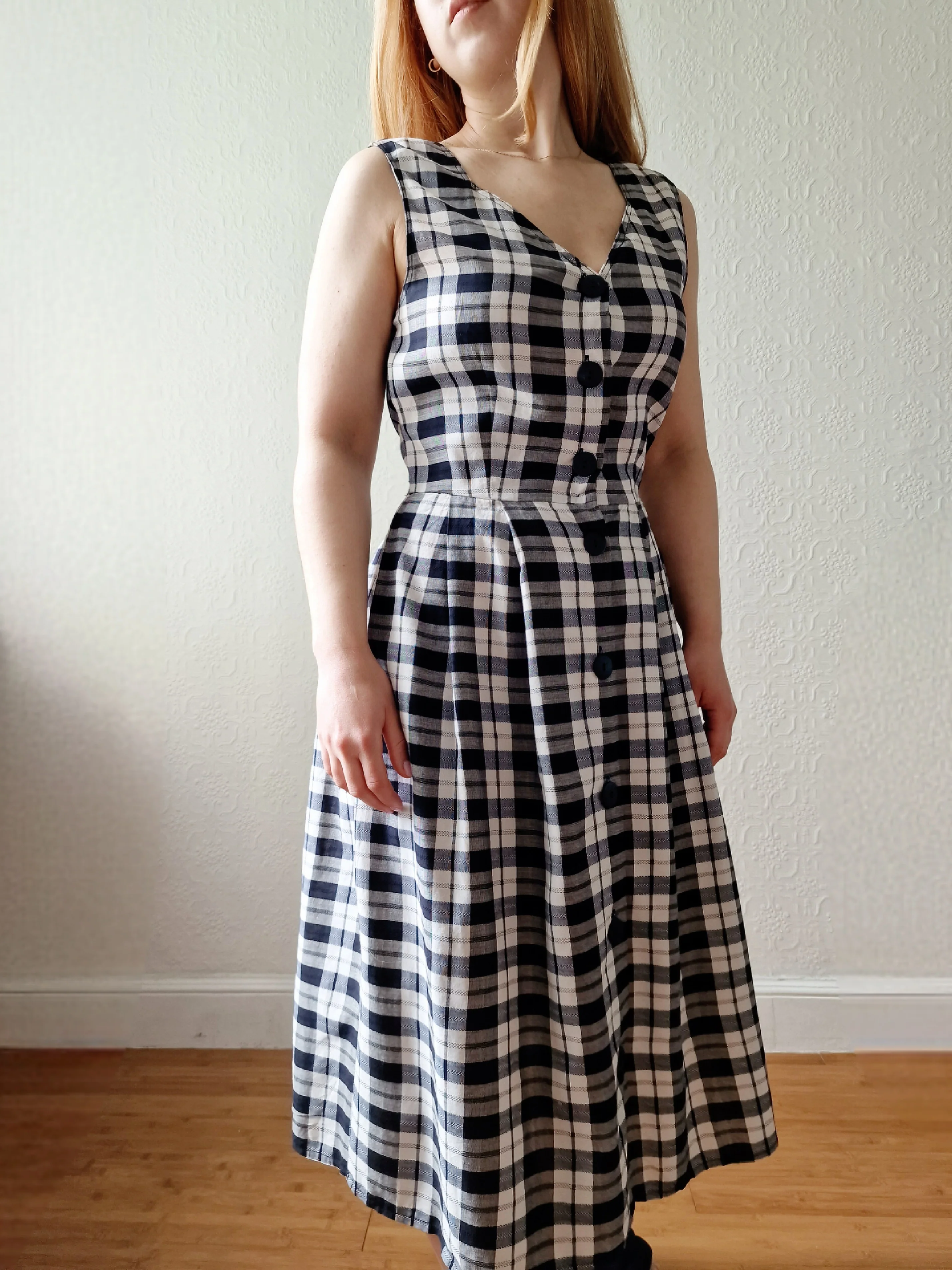 Vintage 90s Black & White Check Sleeveless Midi Dress - S - Image 5