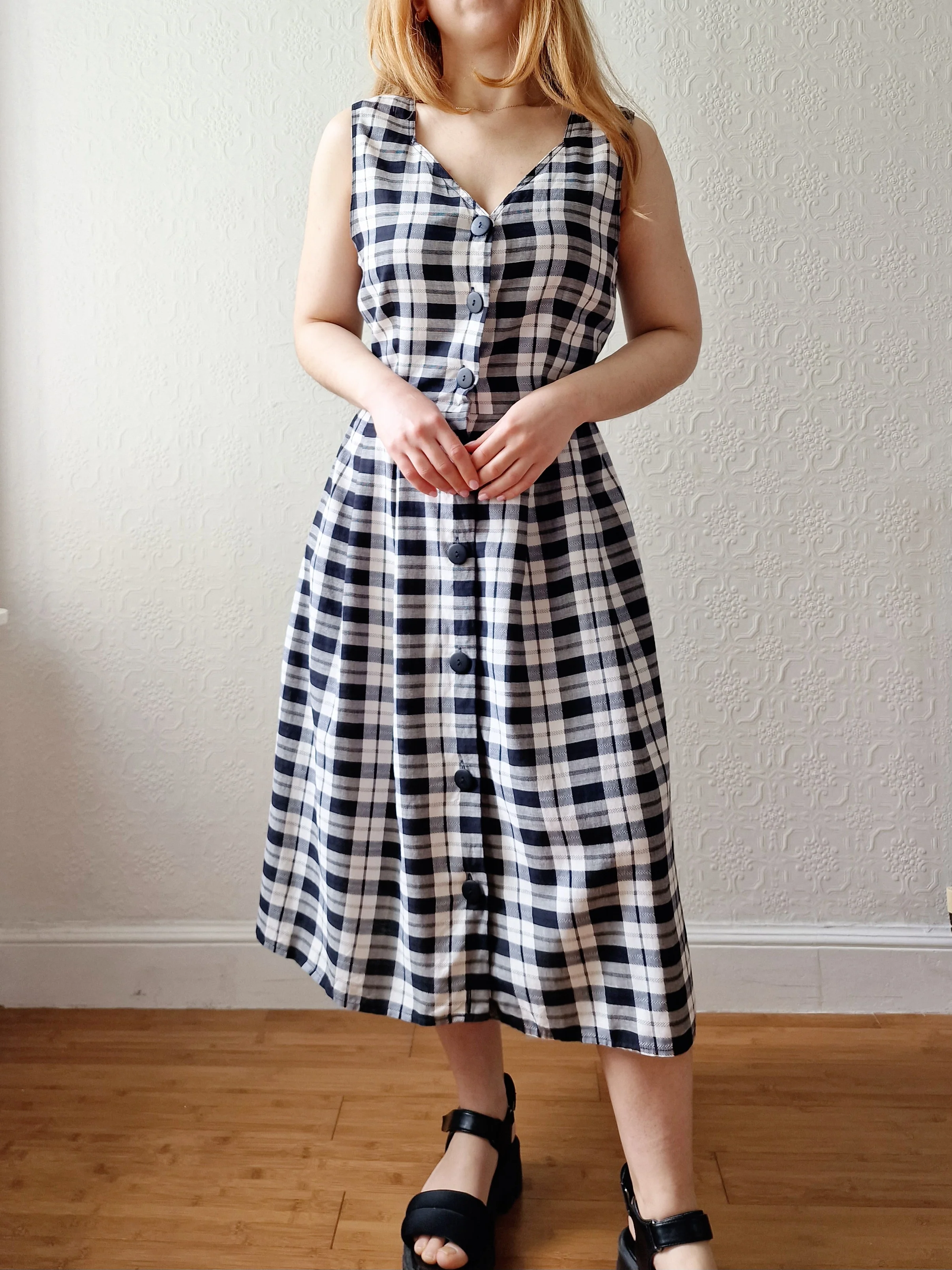 Vintage 90s Black & White Check Sleeveless Midi Dress - S - Image 7