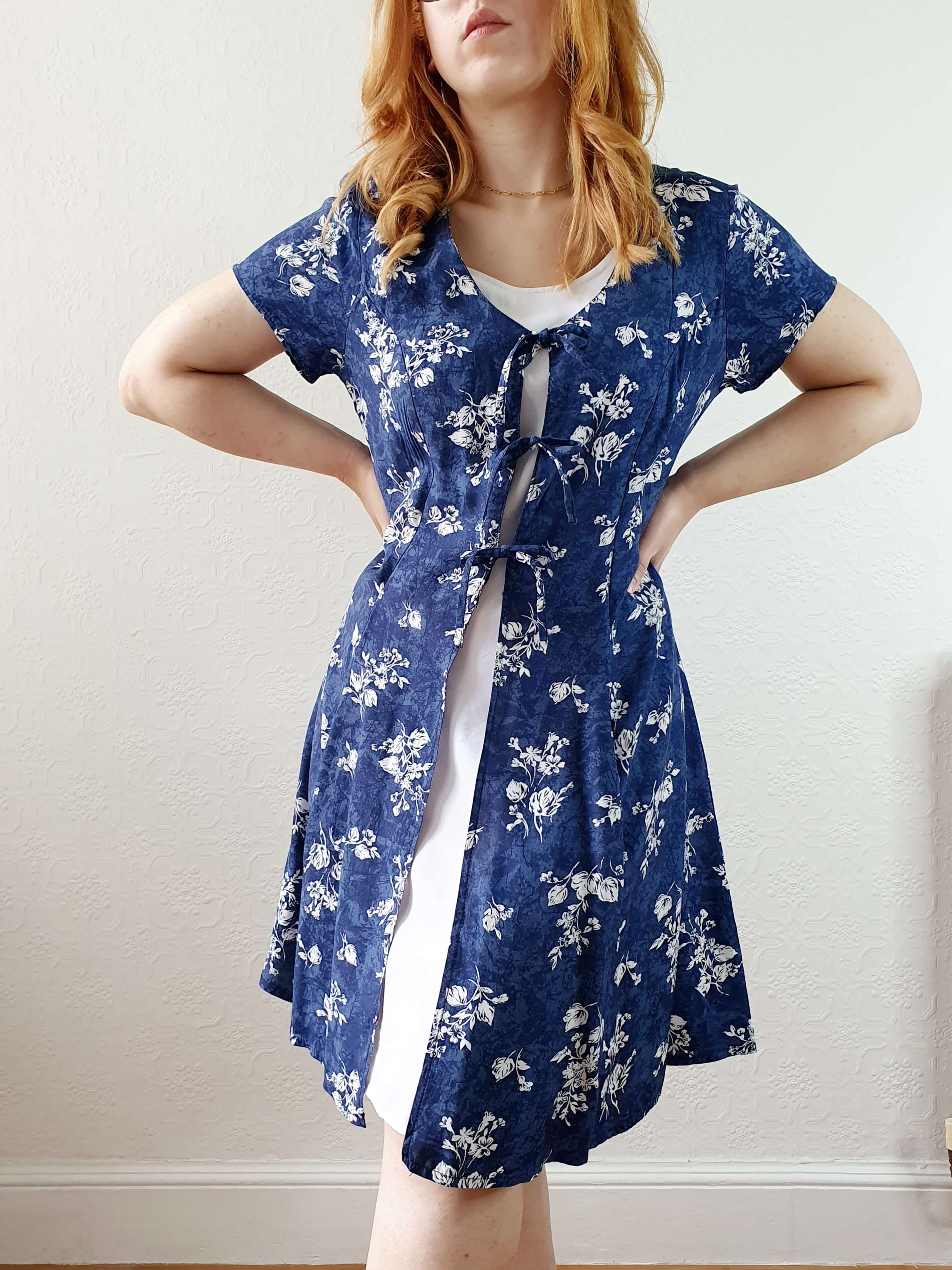 Vintage 90s Blue Double Layer Floral Short Sleeve Dress - S/M