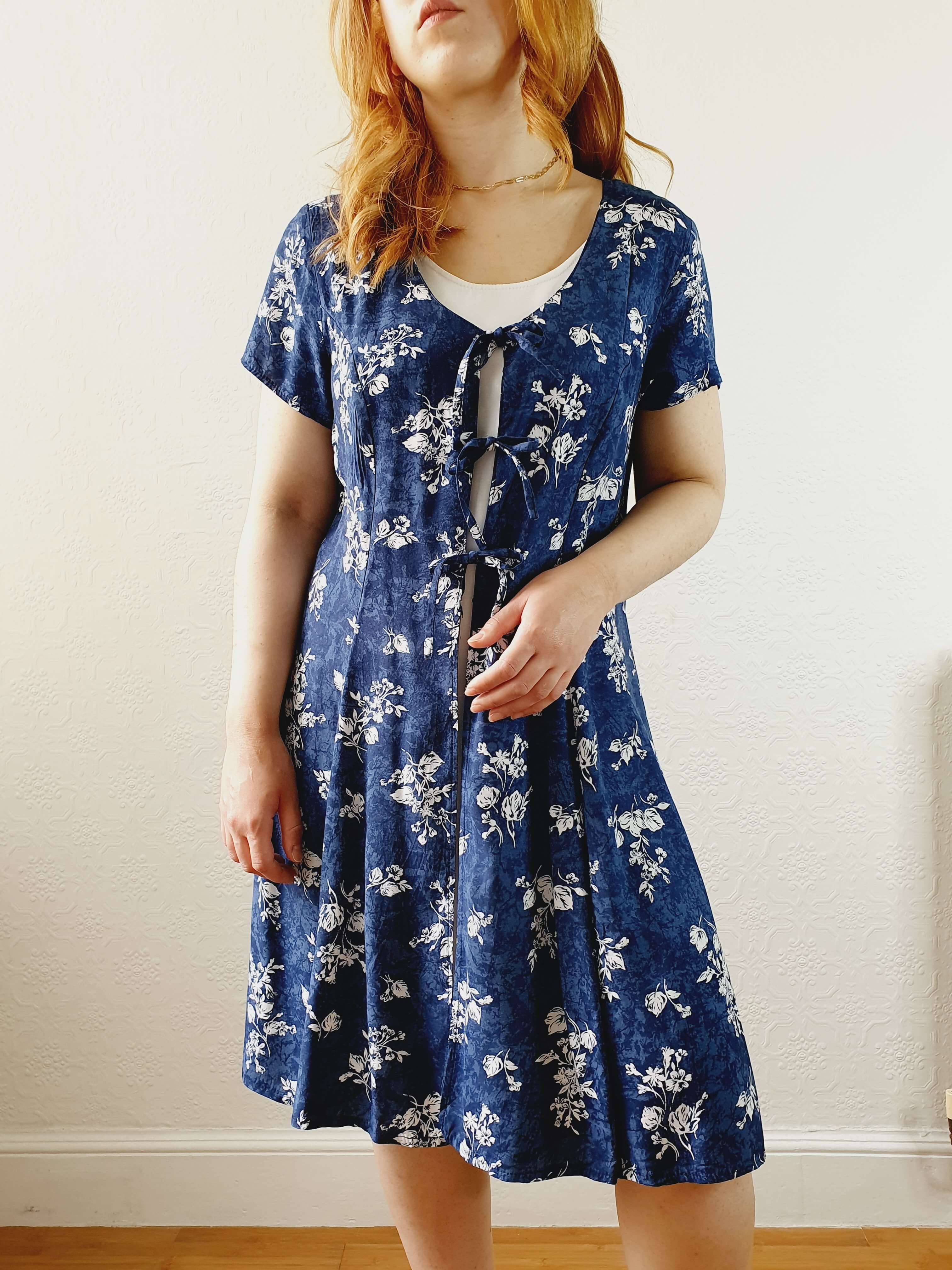 Vintage 90s Blue Double Layer Floral Short Sleeve Dress - S/M - Image 10