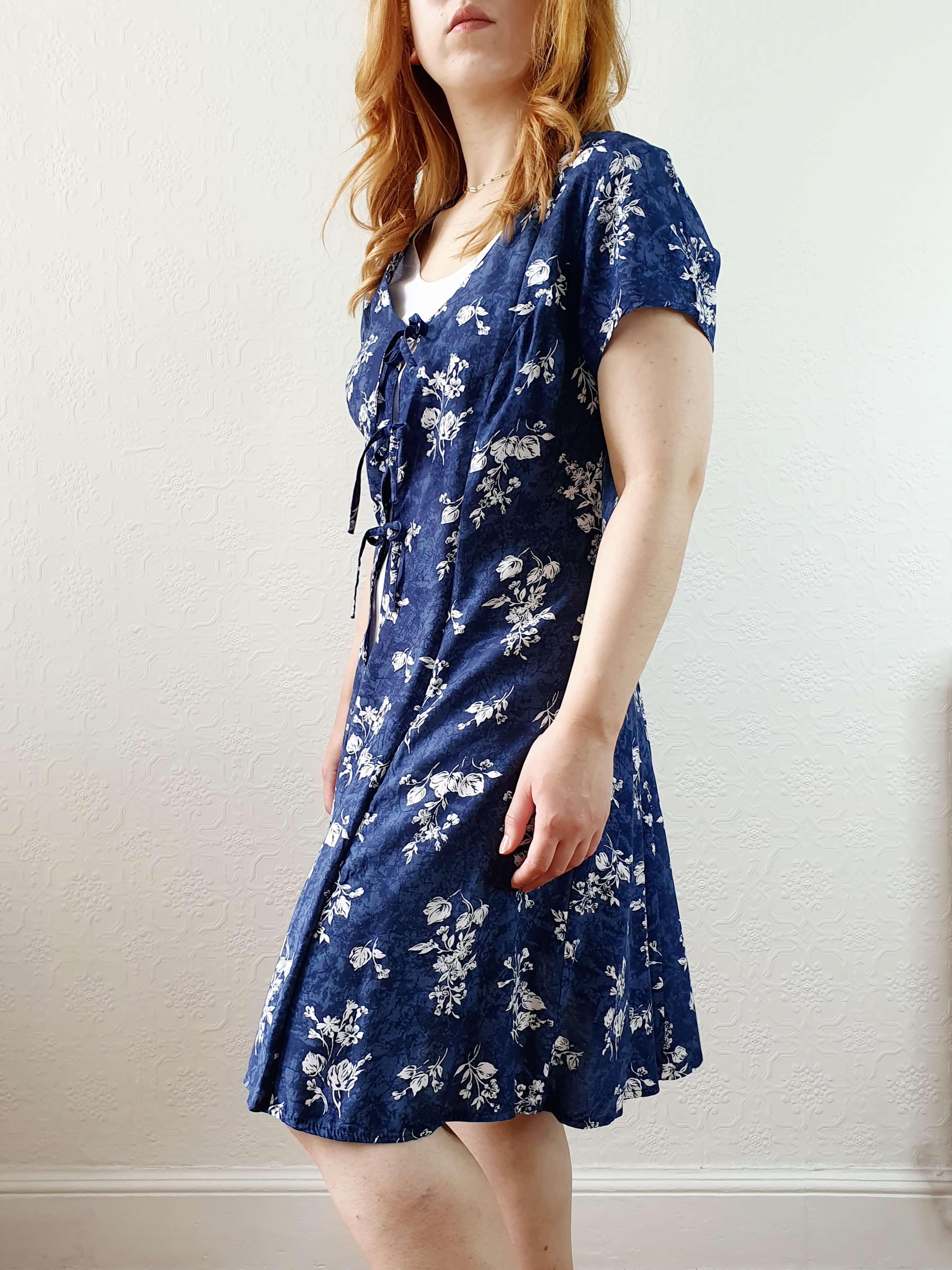 Vintage 90s Blue Double Layer Floral Short Sleeve Dress - S/M - Image 2