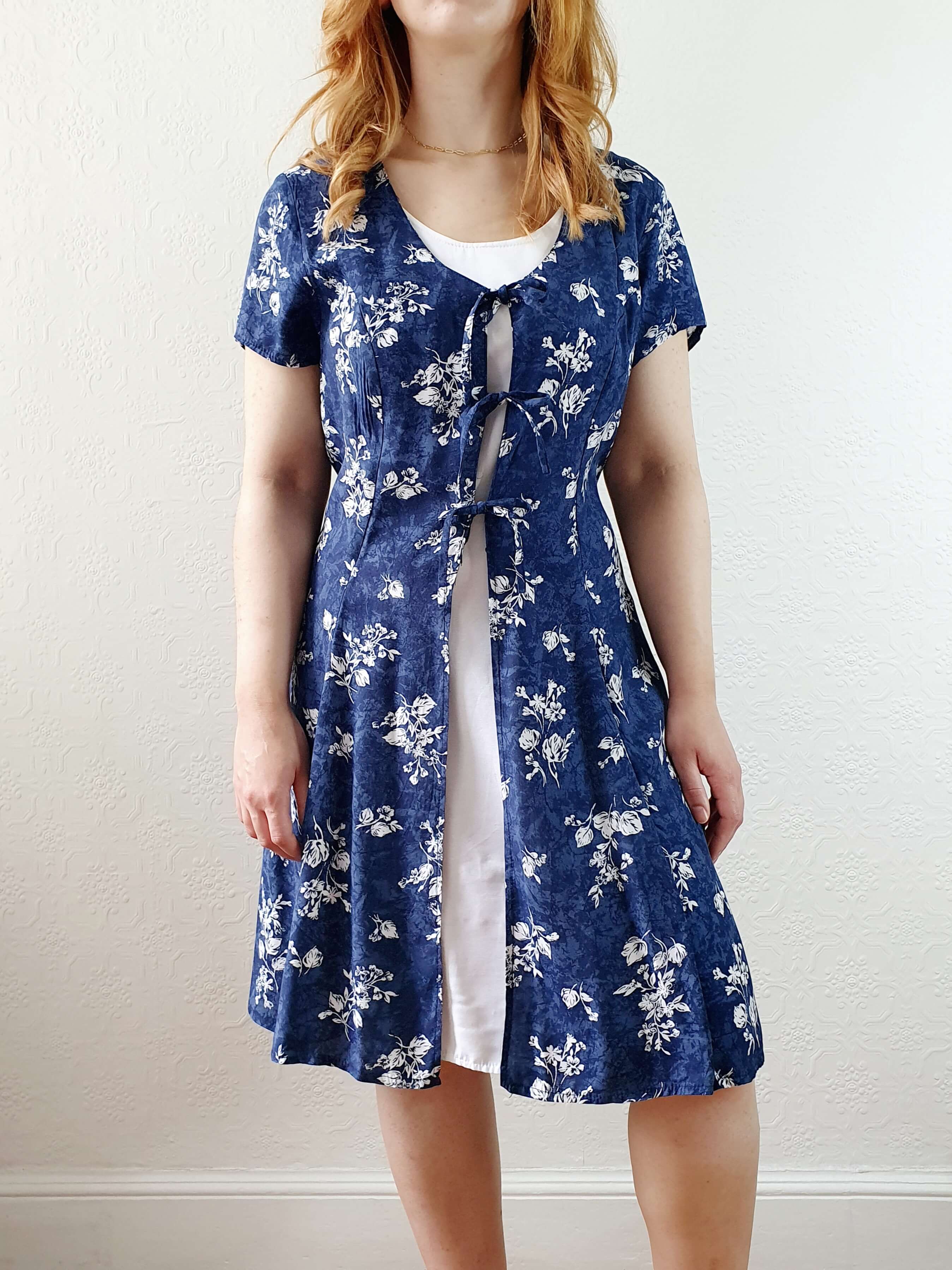 Vintage 90s Blue Double Layer Floral Short Sleeve Dress - S/M - Image 3