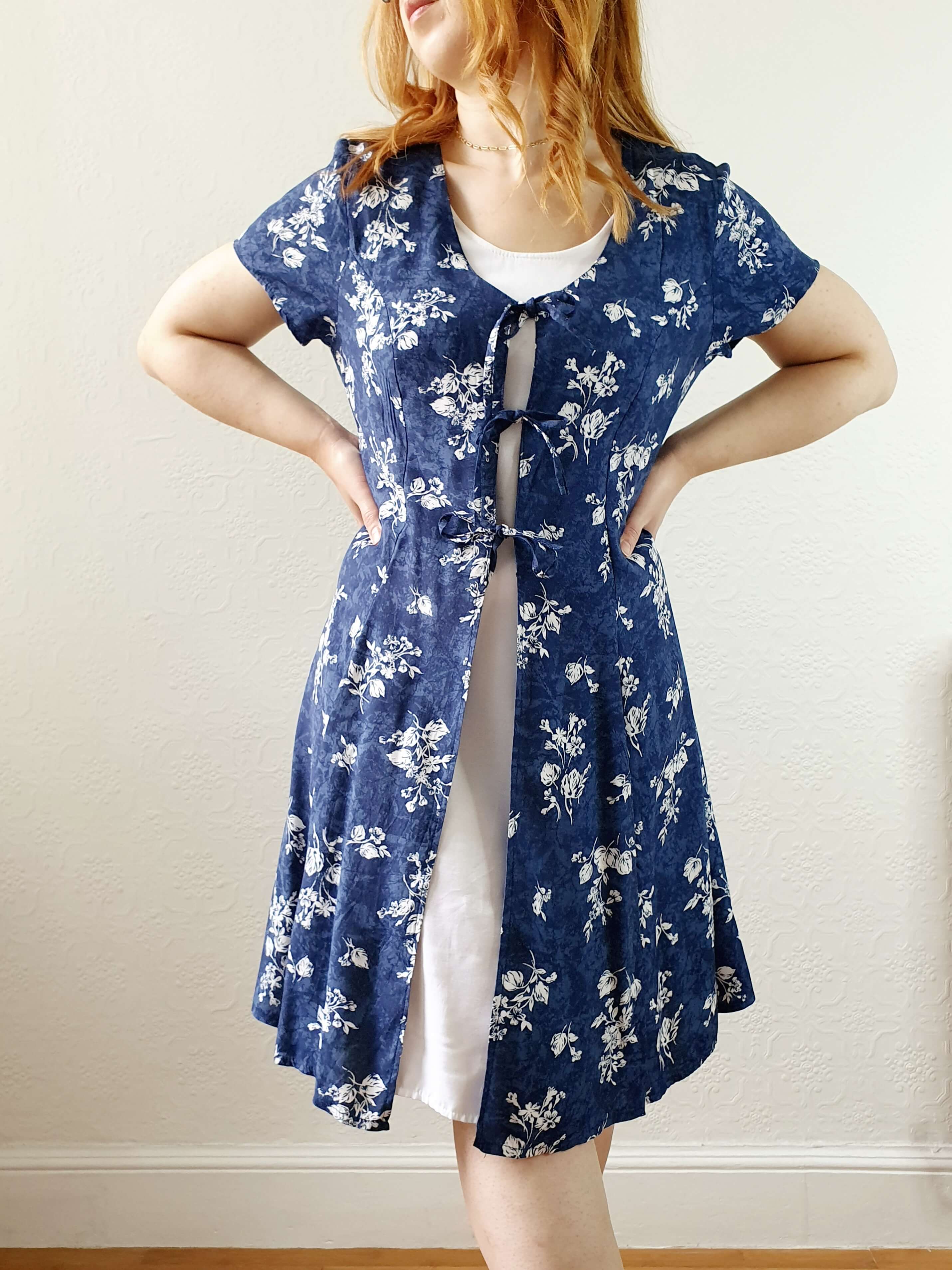 Vintage 90s Blue Double Layer Floral Short Sleeve Dress - S/M - Image 4