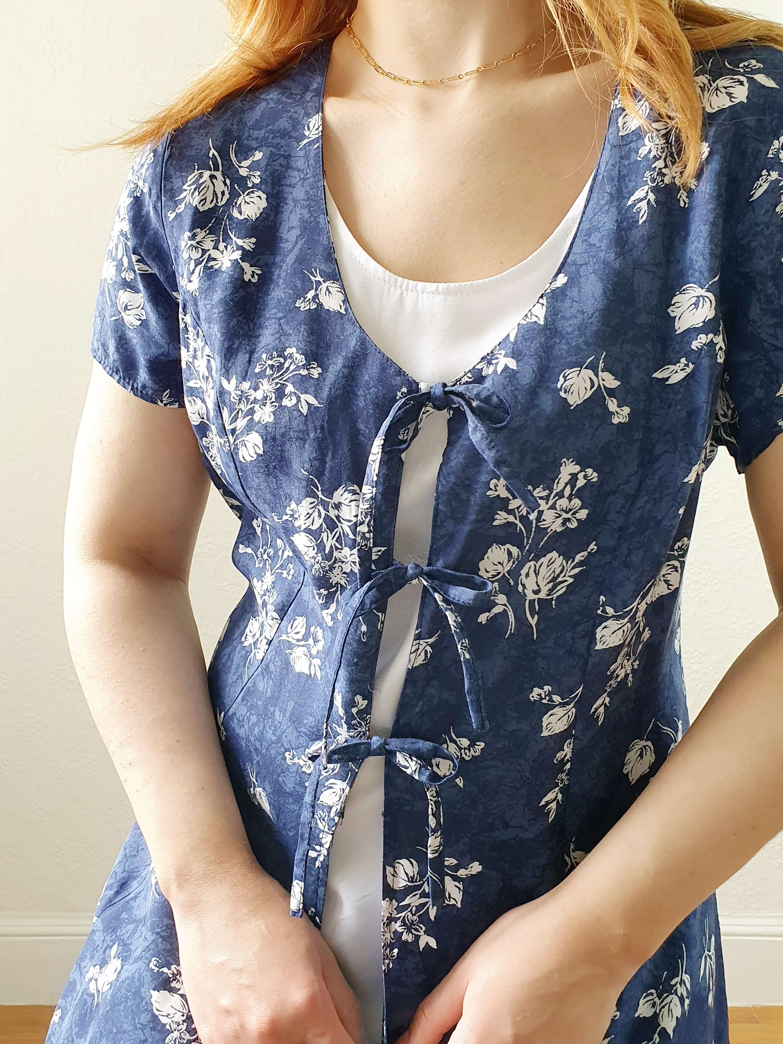 Vintage 90s Blue Double Layer Floral Short Sleeve Dress - S/M - Image 5