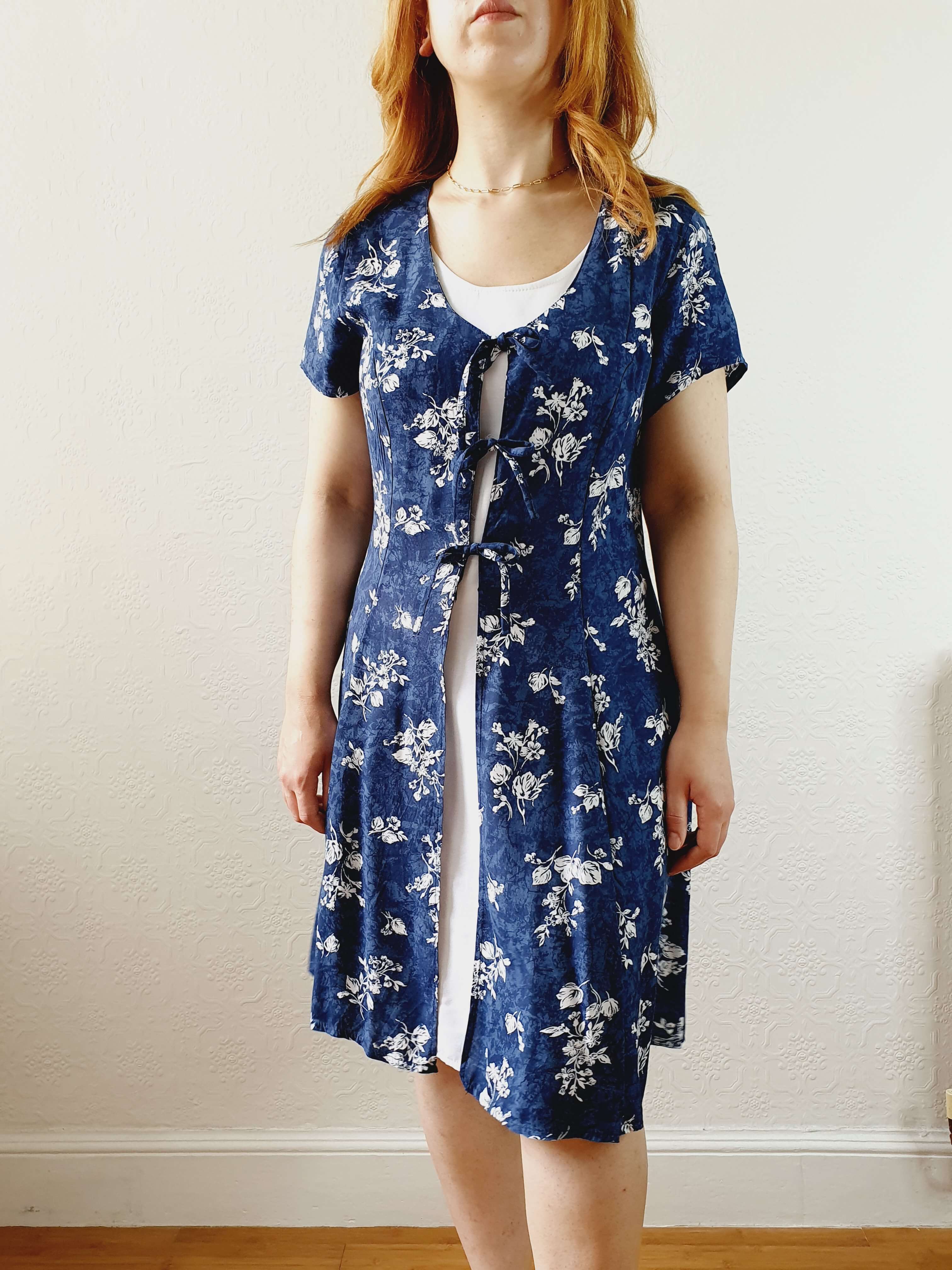 Vintage 90s Blue Double Layer Floral Short Sleeve Dress - S/M - Image 6
