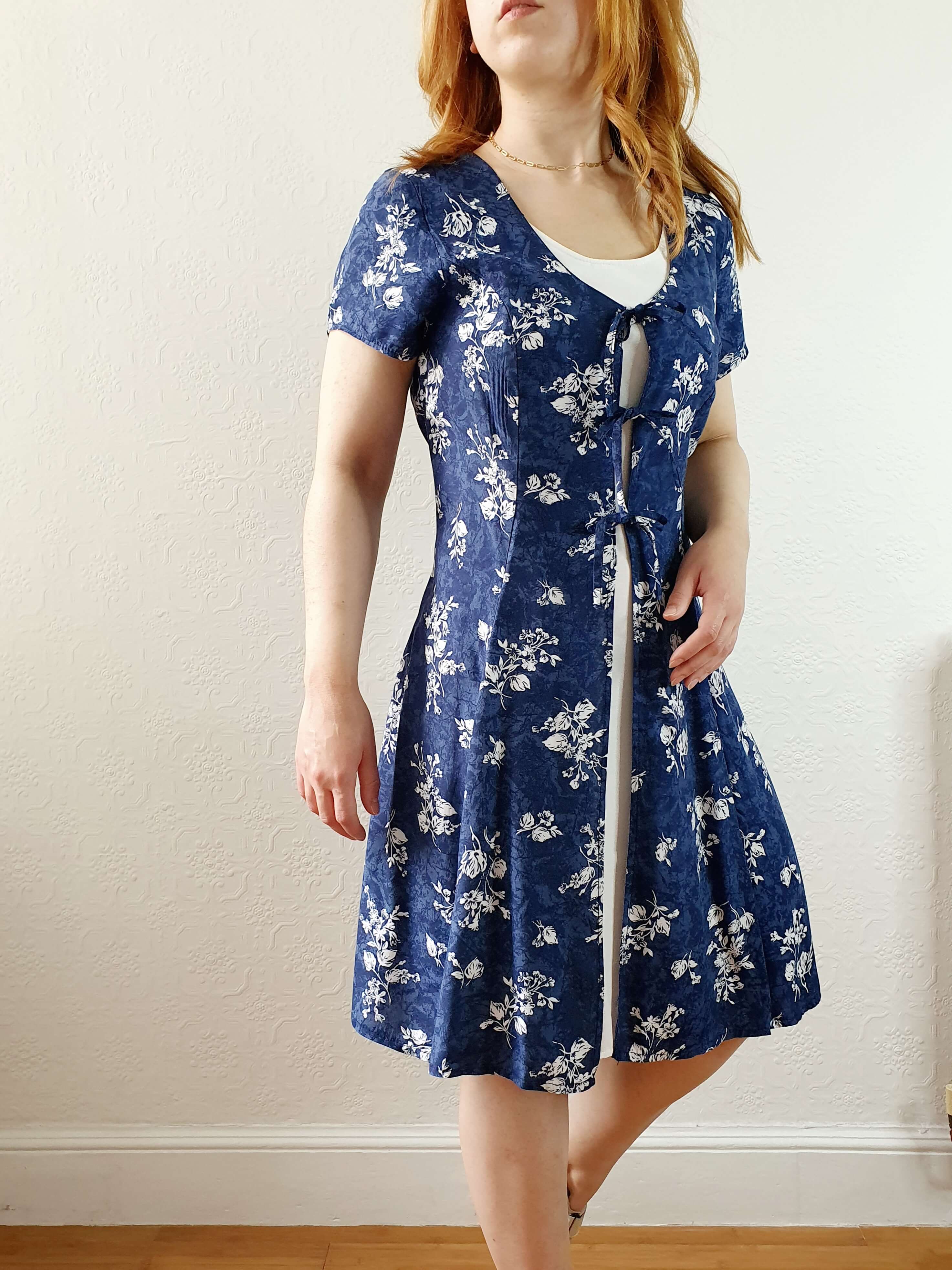 Vintage 90s Blue Double Layer Floral Short Sleeve Dress - S/M - Image 7